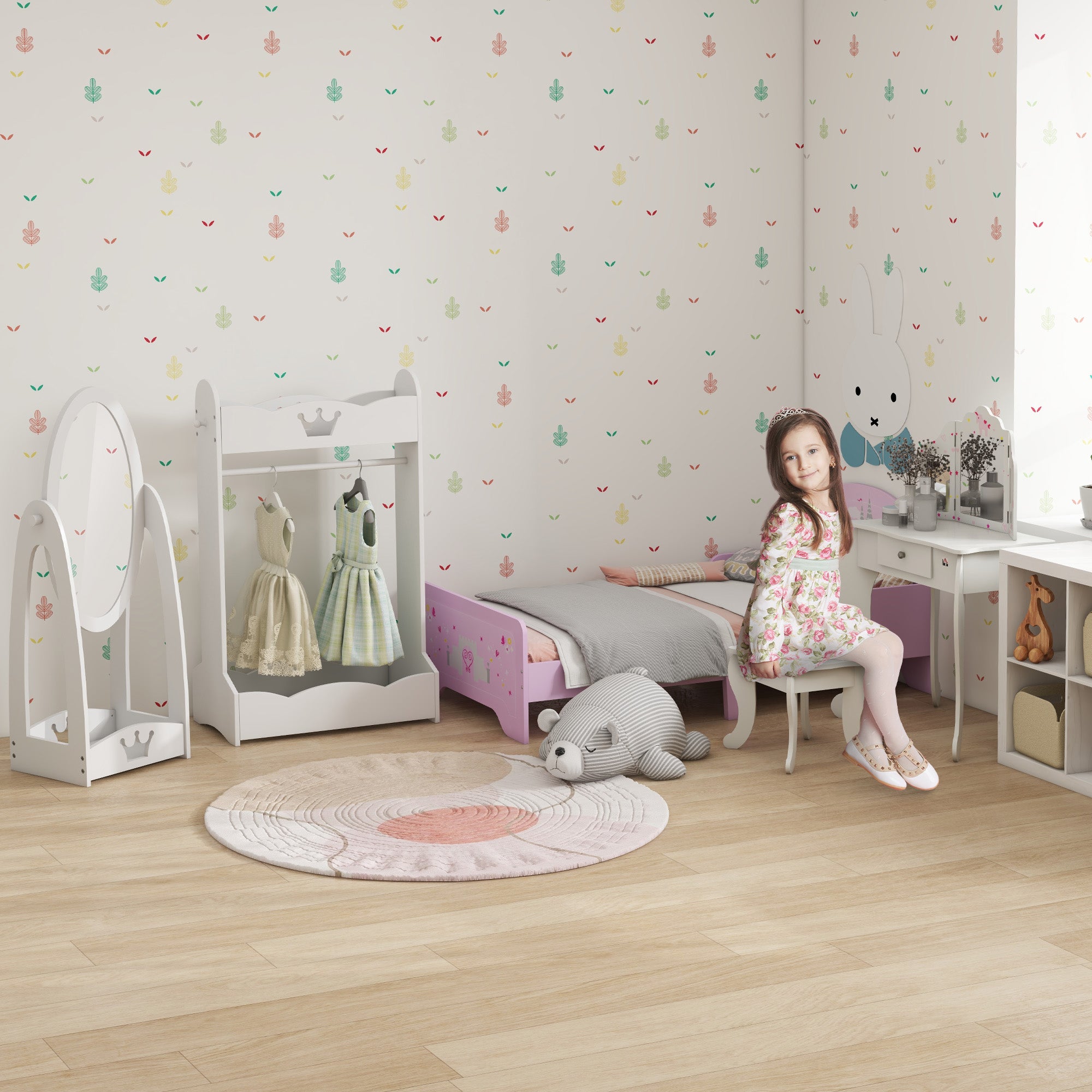 HOMCOM Free Standing Full Length Mirror, Child's Dressing Mirror with storage shelf, Children's White Bedroom Furniture 360° Rotation MDF, For 3- 8 Years Old, 40L x 30W x 104H cm - North Peak Garden Furniture