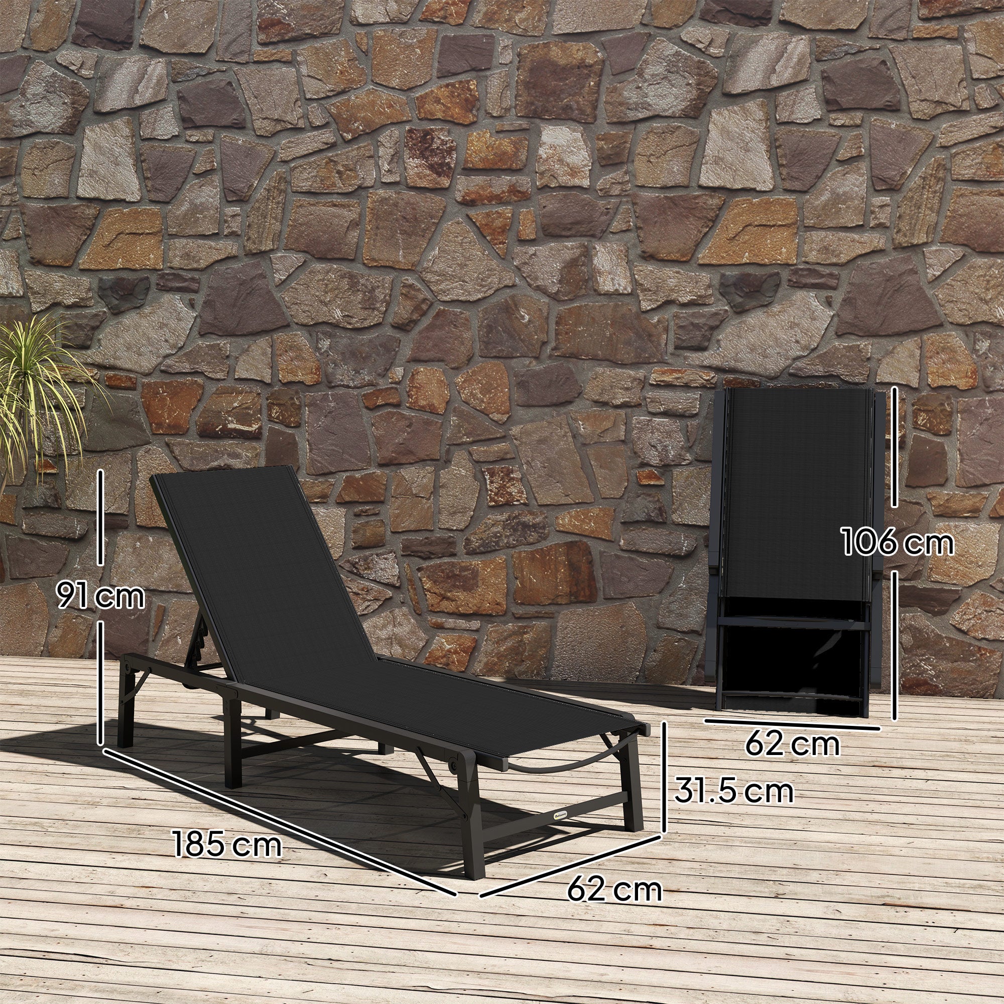 Outsunny Folding Sun Lounger, 5-Position Adjustable Garden Chaise Lounge Sunbed, Steel Frame Reclining Chair for Beach, Porch, Patio, Camping, Black - North Peak Garden Furniture