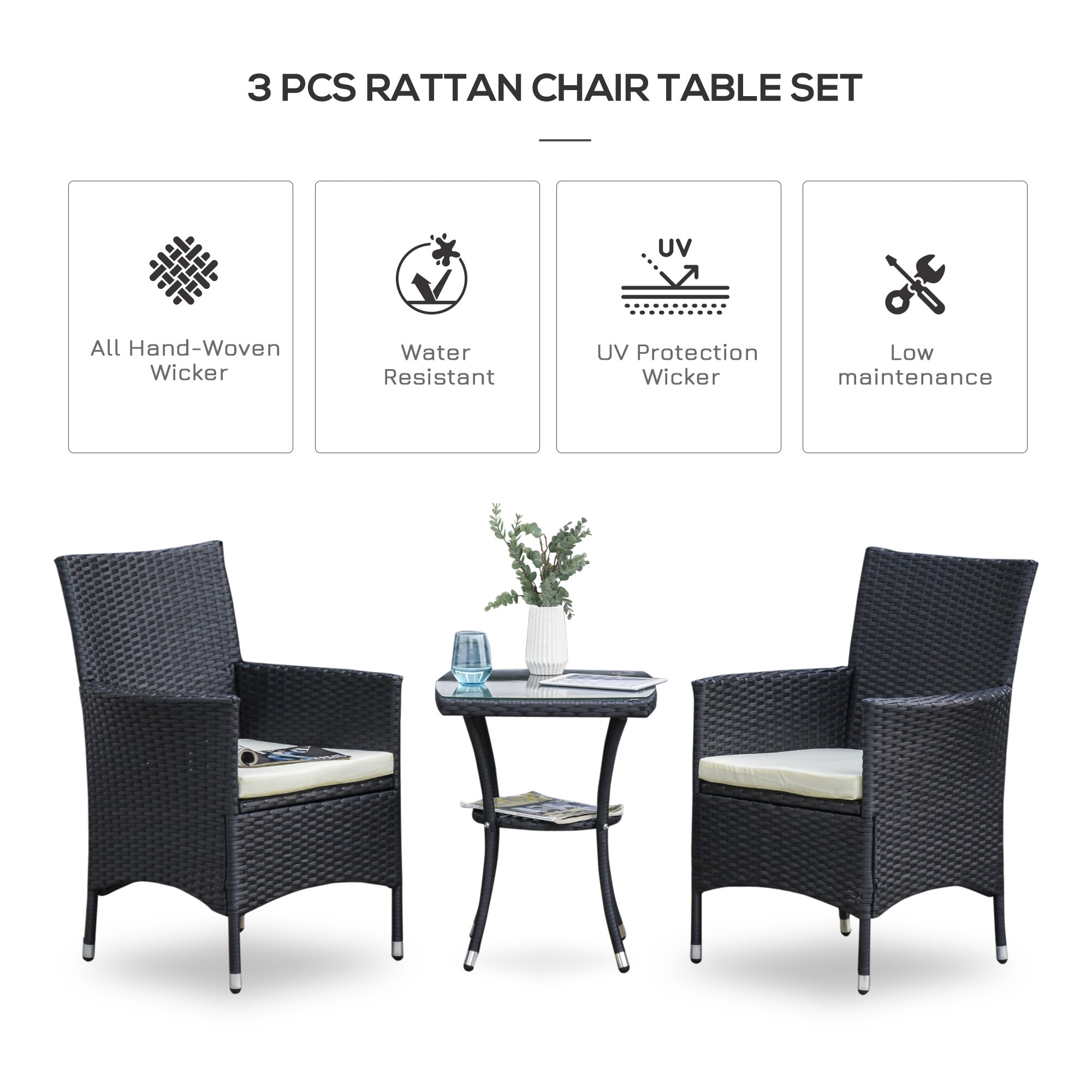Outsunny 3 Pieces Rattan Bistro Set, Wicker Garden Furniture Set with 2-Tier Coffee Table and Chairs, Cushions, for Outdoor Patio Balcony, Black - North Peak Garden Furniture