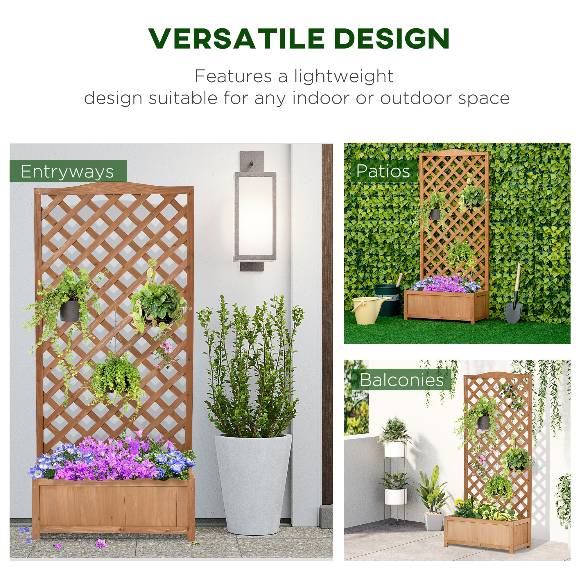Outsunny 53L Garden Wooden Planter Box with Trellis Free Standing Flower Raised Bed with Lattice for Climbing Plants, 76cm x 36cm x 170cm, Brown - North Peak Garden Furniture