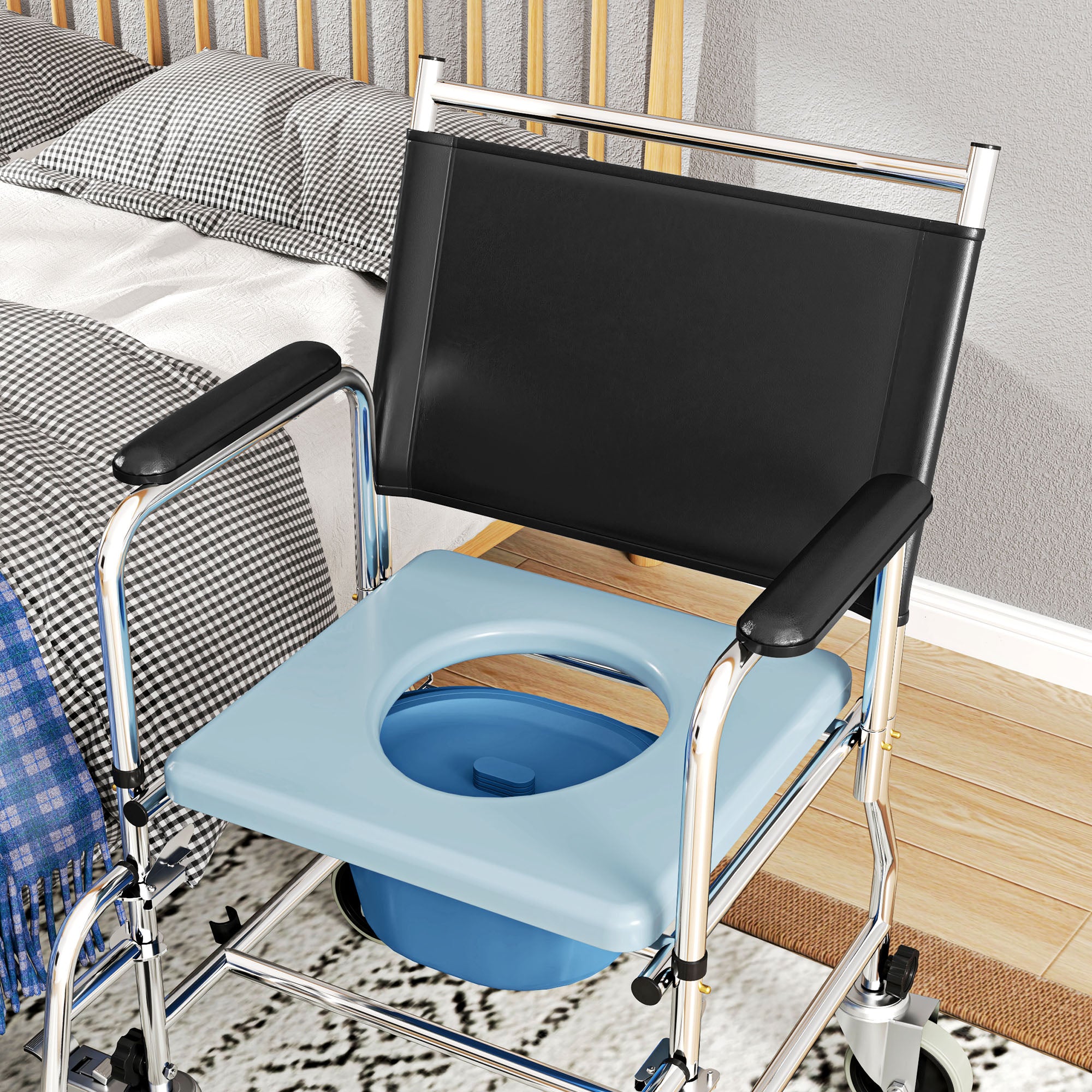 HOMCOM 3-In-1 Commode Wheelchair - Black - North Peak Garden Furniture