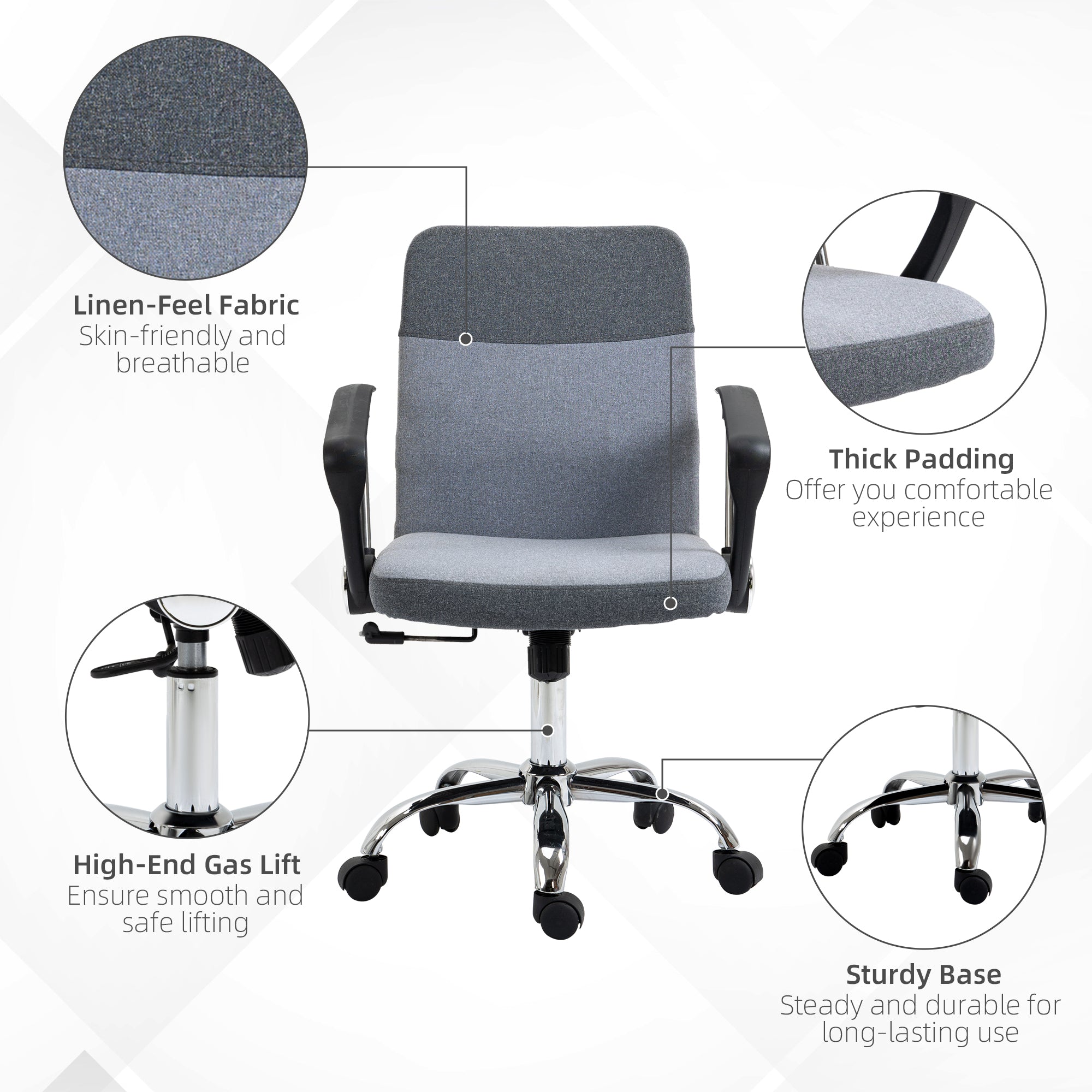 Vinsetto Office Chair Linen Fabric Swivel Computer Desk Chair Home Study Adjustable Chair with Wheels, Grey - North Peak Garden Furniture