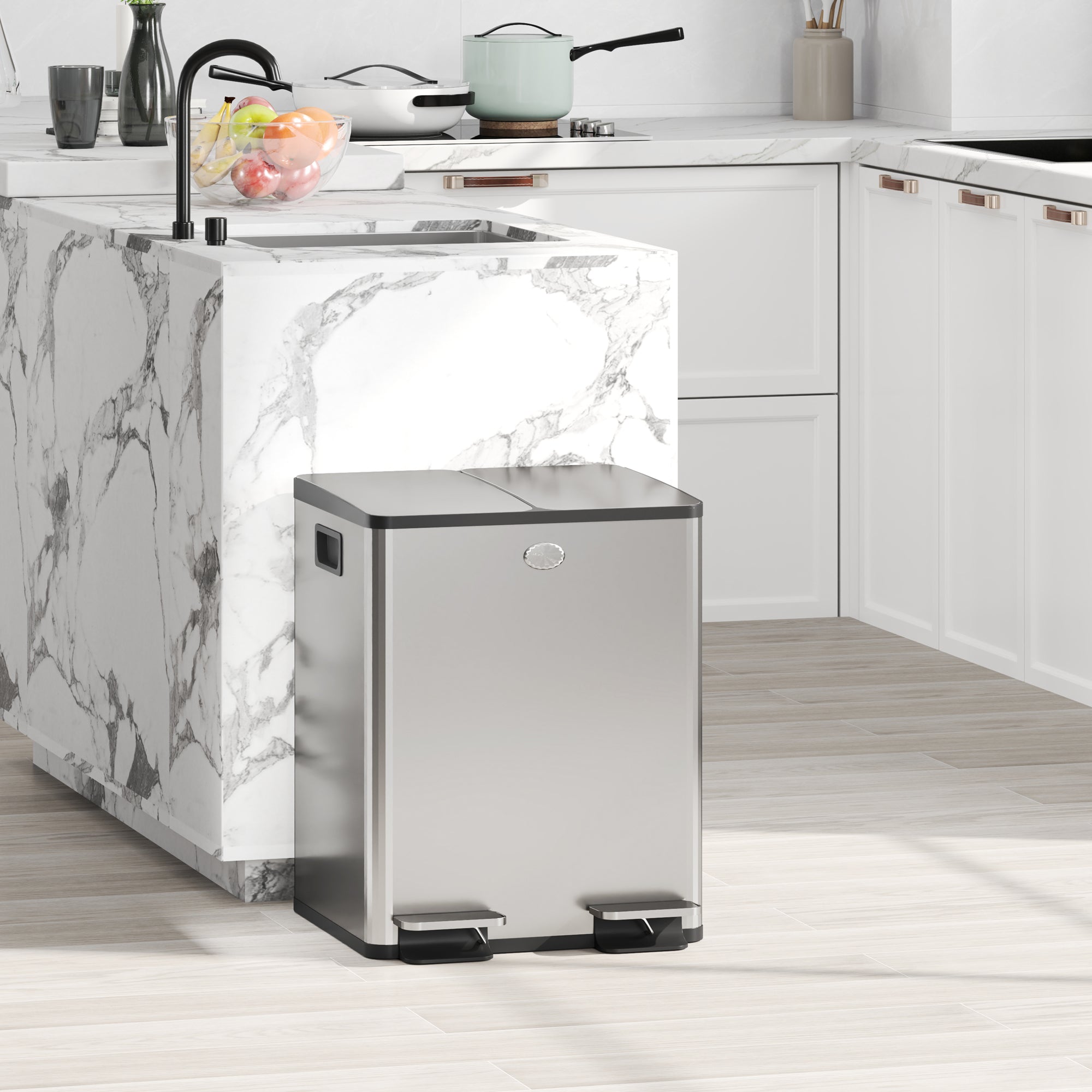HOMCOM 40L Dual Compartment Stainless Steel Bin, with Deodoriser Holders - Silver Tone - North Peak Garden Furniture