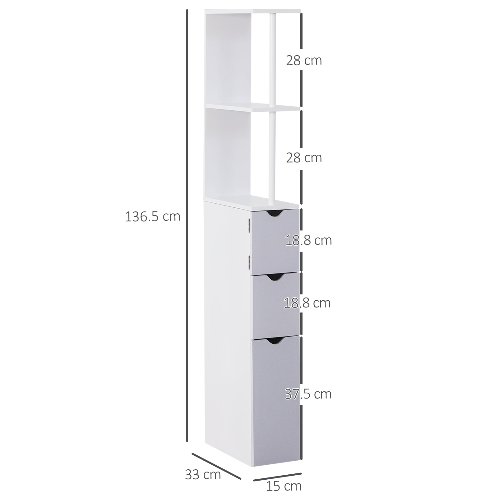 HOMCOM Tall Bathroom Cabinet, Freestanding Bathroom Storage Cabinet with 2-Tier Shelf and Drawers, Narrow Cupboard Storage Unit, White, Grey