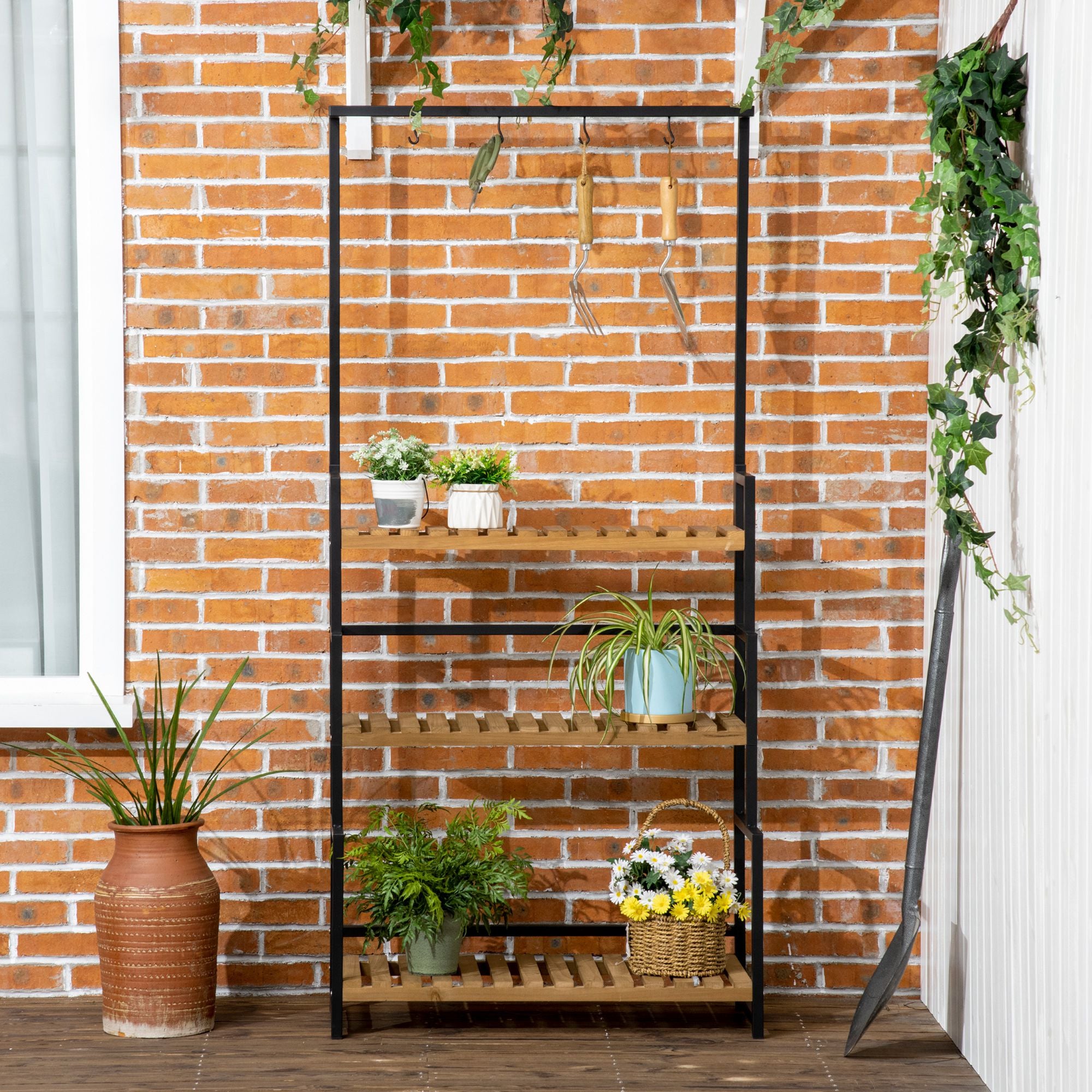 Outsunny 3 Tiered Plant Stand with Hanging Hooks, Flower Rack Shelf for Indoor Outdoor Porch Balcony Living Room Bedroom - North Peak Garden Furniture