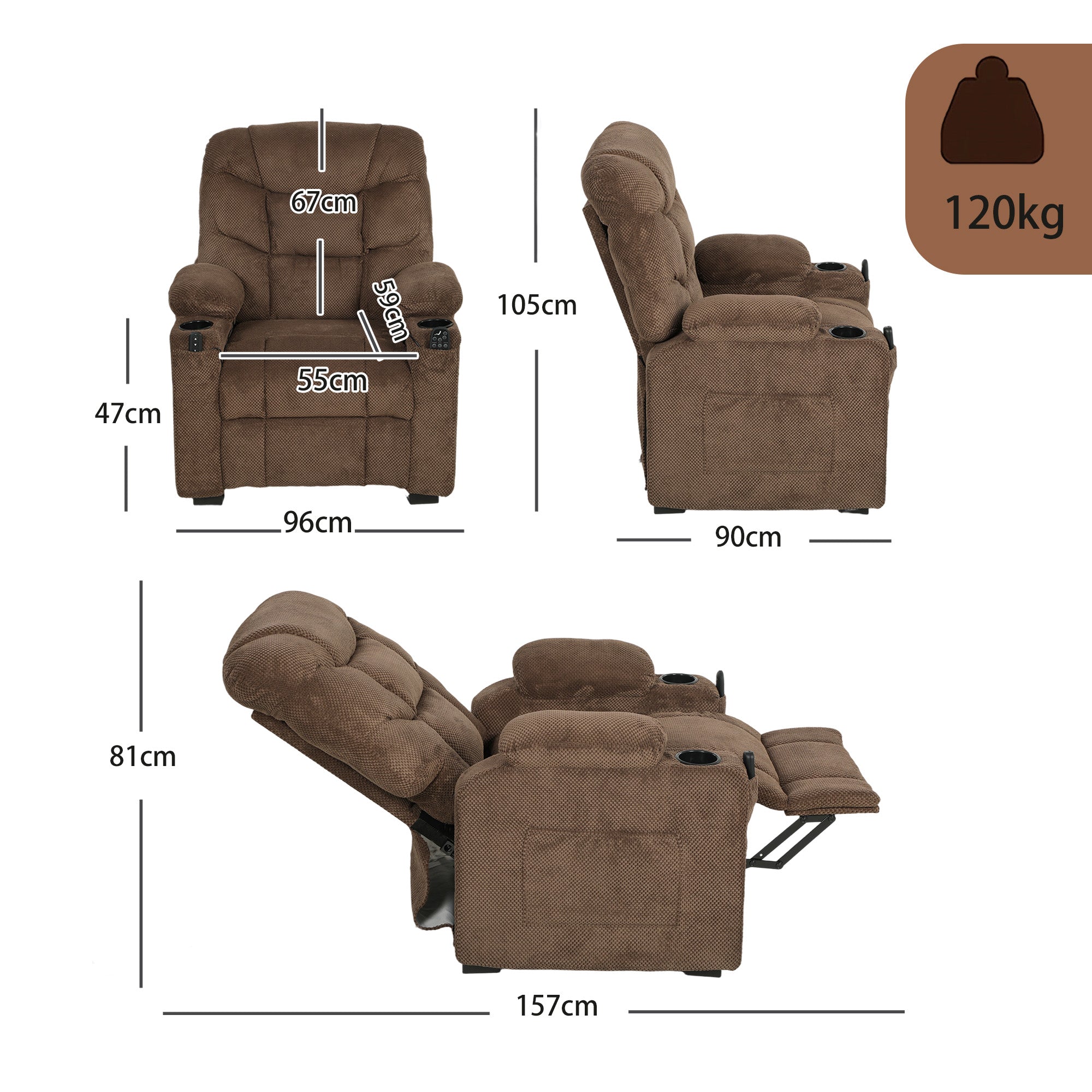 HOMCOM Electric Massage Recliner Armchair with Vibration, Heat, Whisper-Quiet Motor, Memory Function, Fleece Power Reclining Chair with Spring Pack, USB Port, Footrest, Side Pocket, Brown