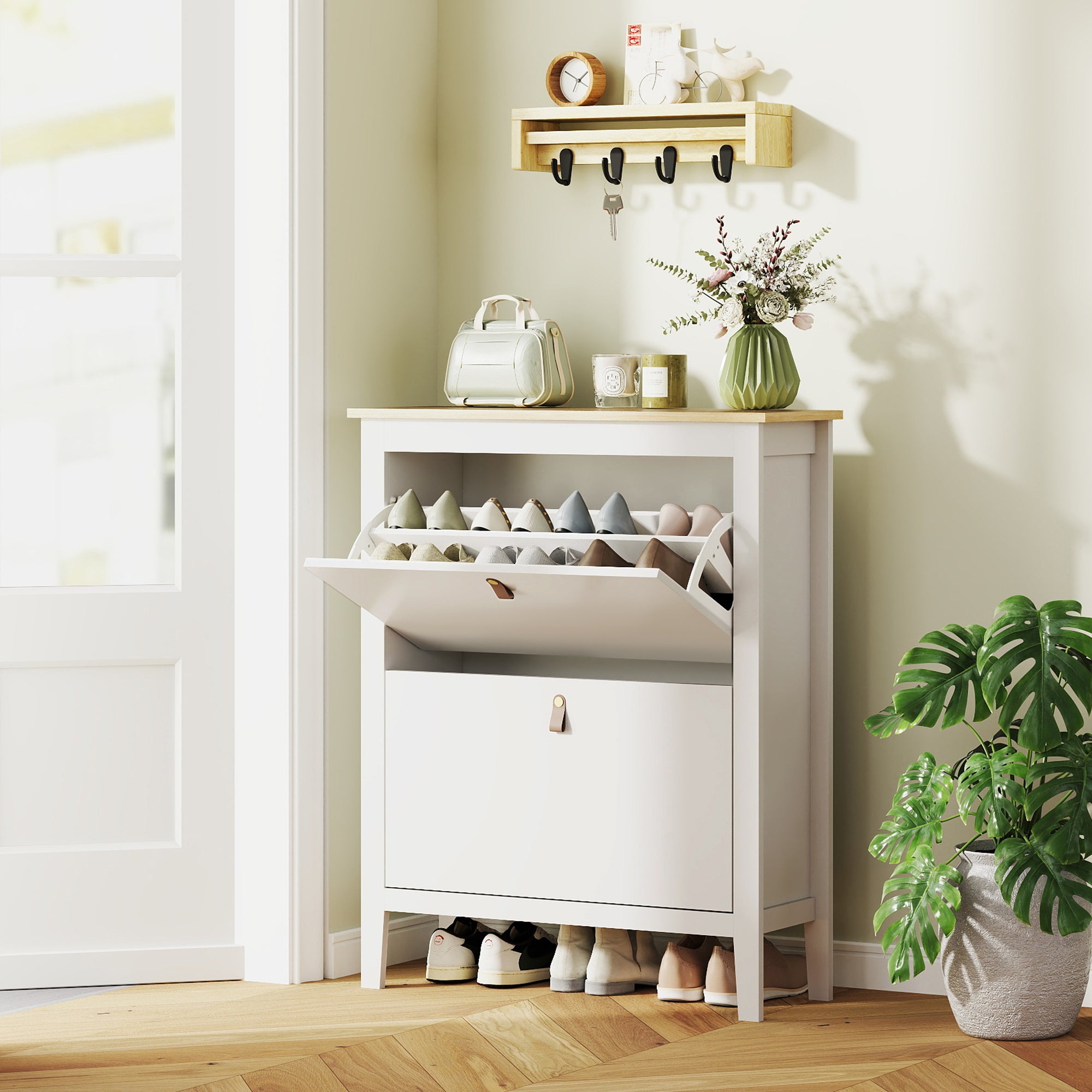 HOMCOM Modern Two-Drawer Shoe Cabinet - White - North Peak Garden Furniture