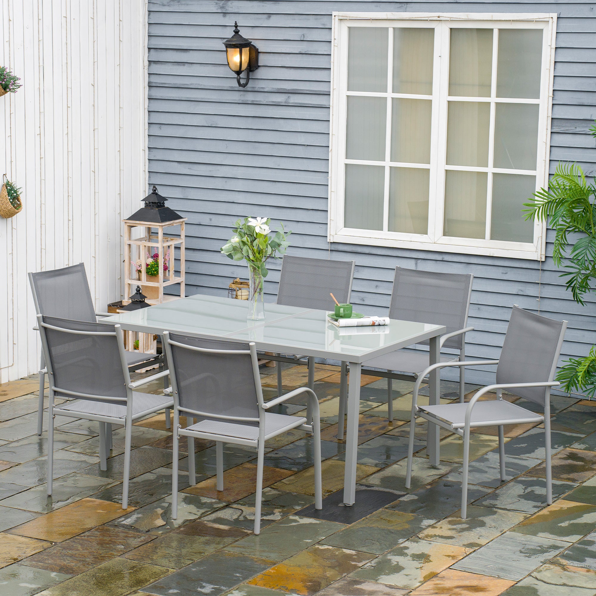 Outsunny 7 Piece Garden Dining Set, Outdoor Table and 6 Stackable Chairs, Steel Frame, Tempered Glass Top Table, Mesh Seats, Grey - North Peak Garden Furniture