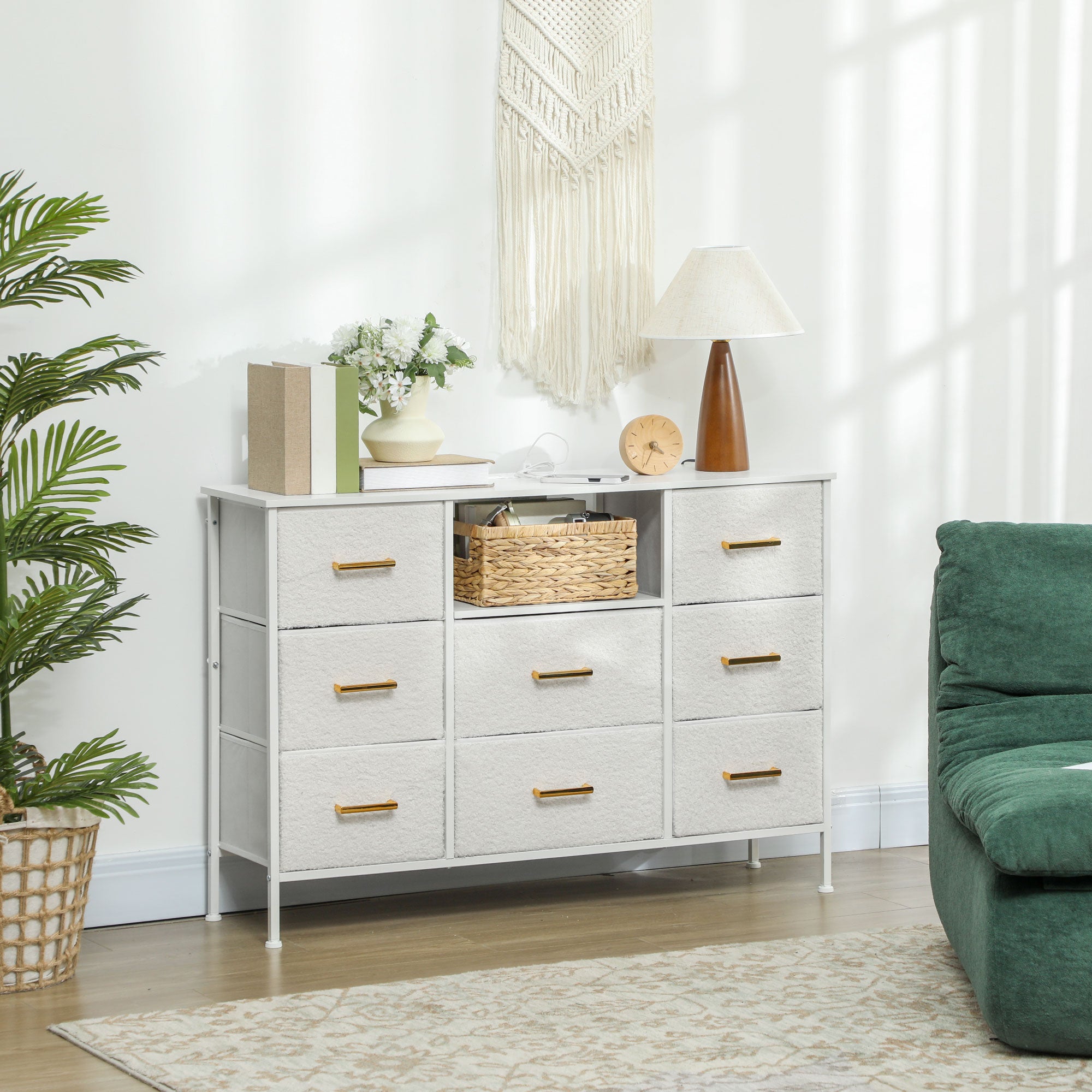 HOMCOM Boucle Chest of Drawers, 8 Fabric Drawers Storage Organiser with Charging Station, 2 USB and 2 AC Ports, Steel Frame, Fabric Dresser for Living Room, Bedroom, Hallway, Cream White - North Peak Garden Furniture