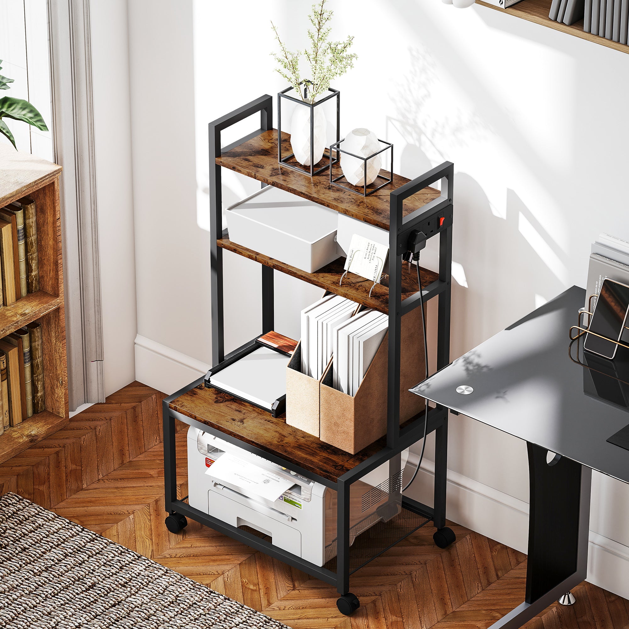 HOMCOM 4-Tier Printer Stand with Power Outlets and Wheels - Rustic Brown
