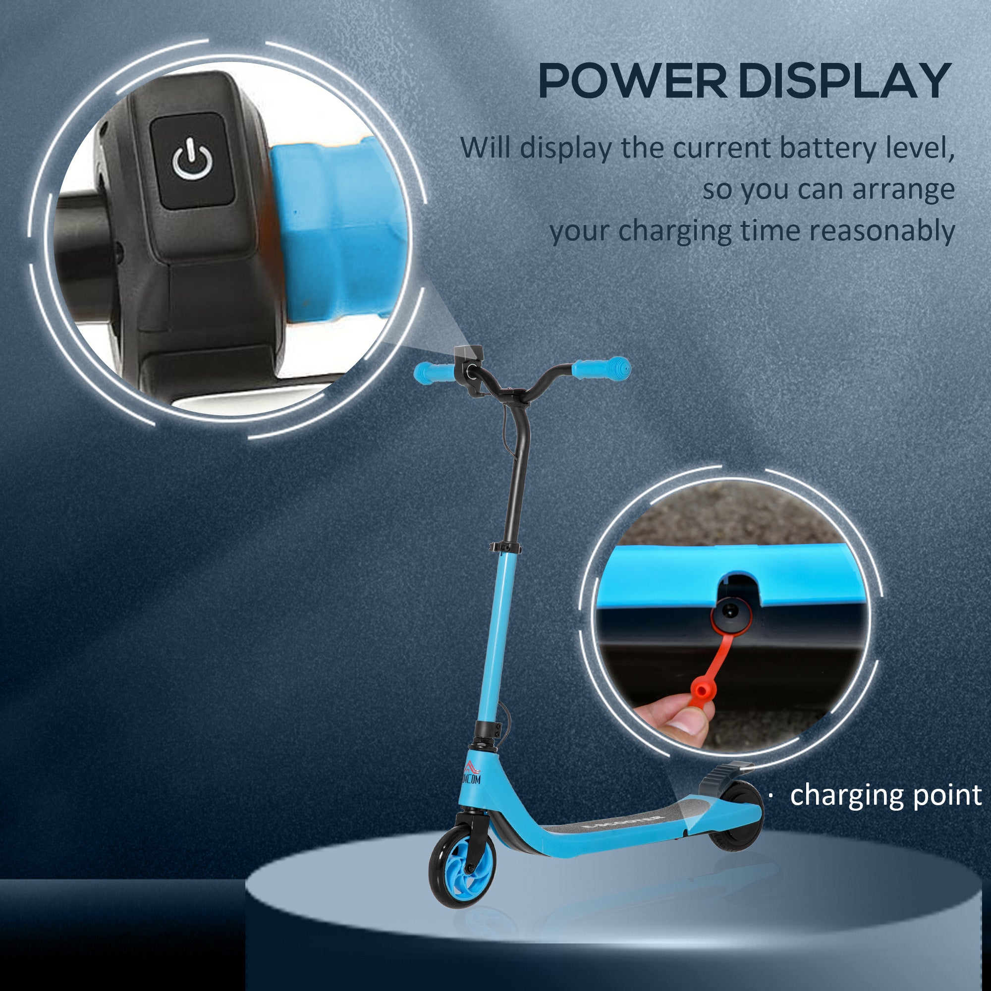 HOMCOM Electric Scooter, 120W Motor E-Scooter with Battery Display, Adjustable Height, Rear Brake for Ages 6+ Years - Blue - North Peak Garden Furniture
