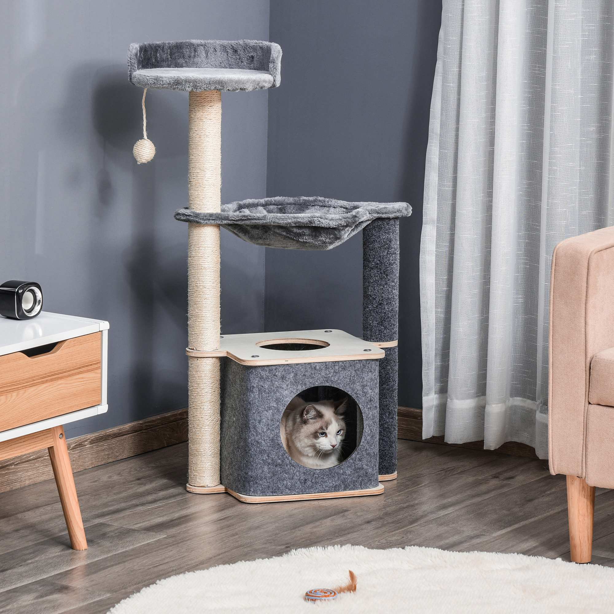 PawHut Cat Tower, 95cm Climbing Kitten Activity Centre with Sisal Scratching Posts, Perch, Spacious Condo, and Hammock, Grey |