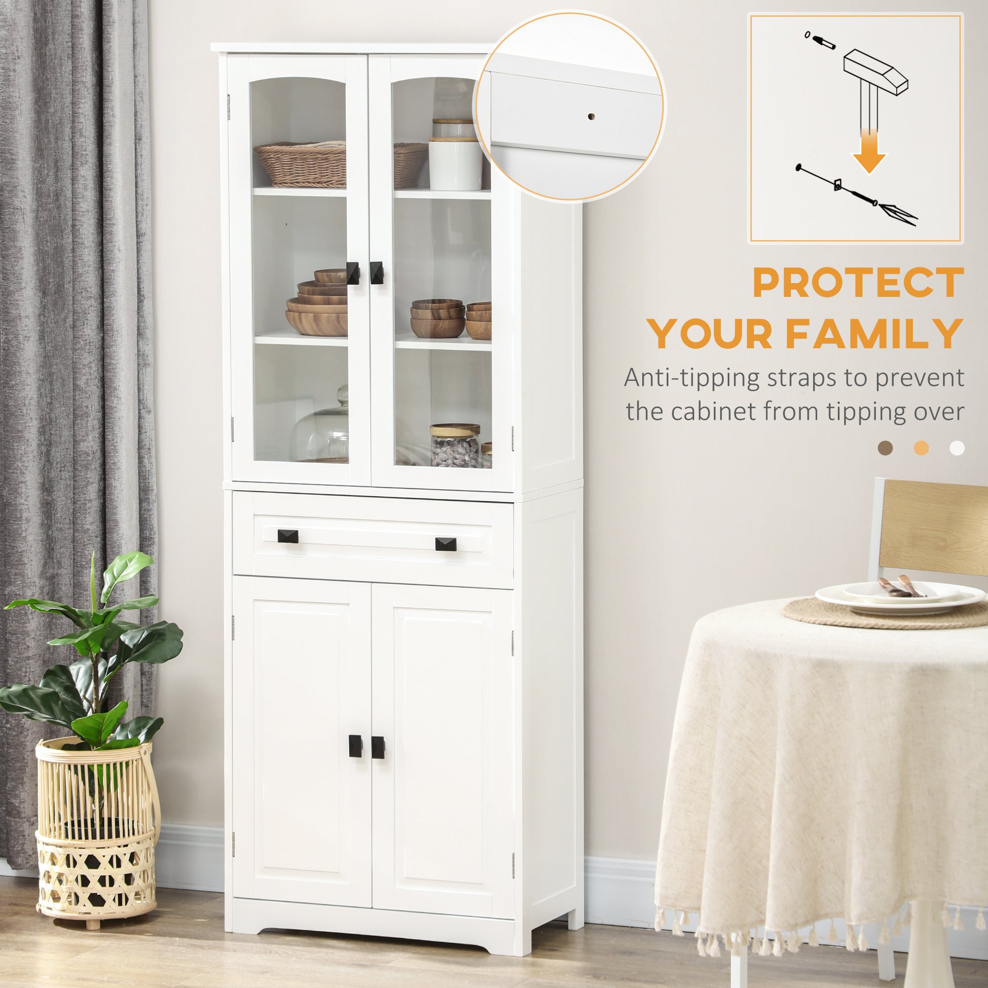 HOMCOM Kitchen Cupboard, Freestanding Storage Cabinet with 2 Adjustable Shelves, Drawer and Glass Door for Living Room, Dining Room, 160cm, White - North Peak Garden Furniture