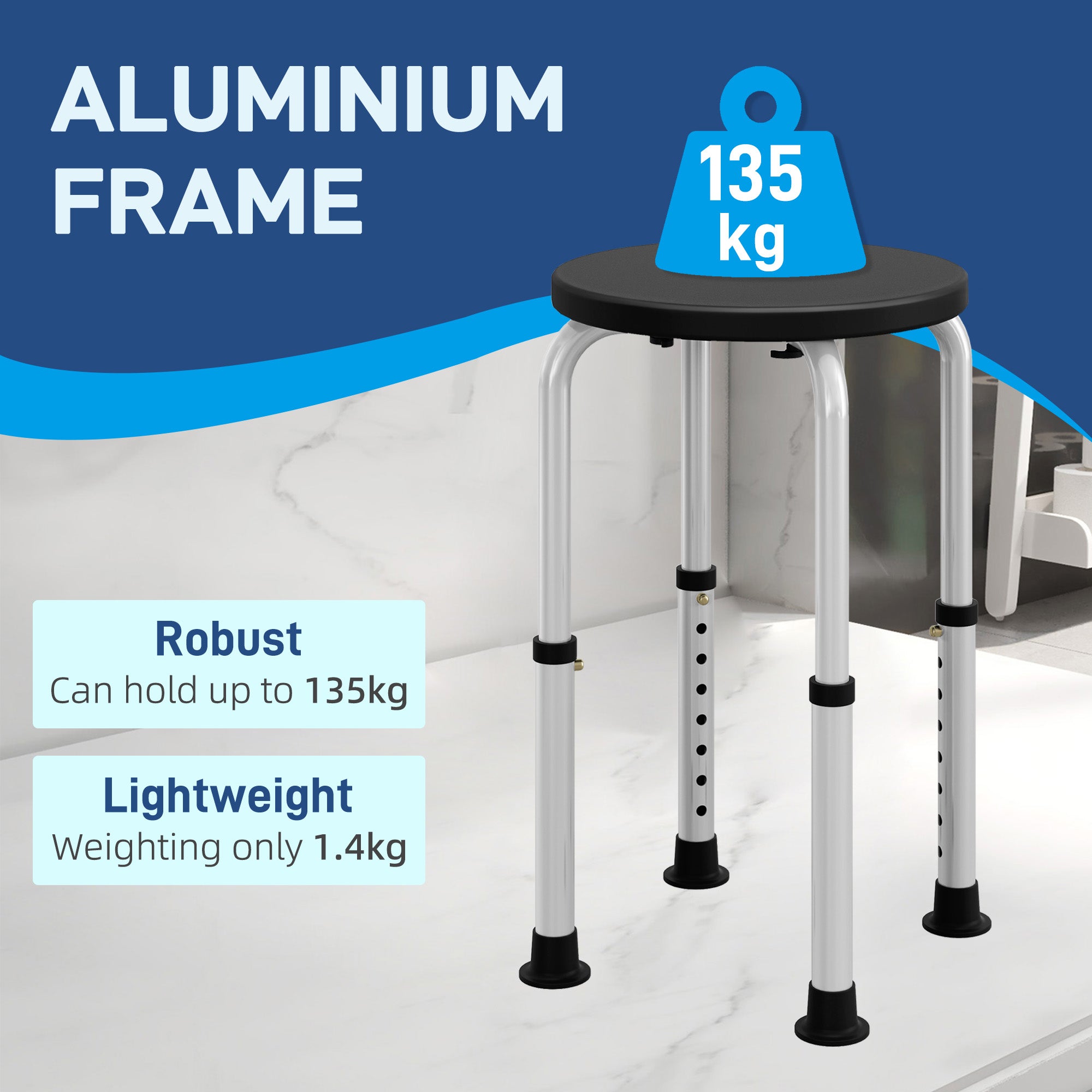HOMCOM Shower Chair, Height Adjustable Aluminium Shower Stool with Non-Slip Feet for Disabled, Elderly, Black - North Peak Garden Furniture