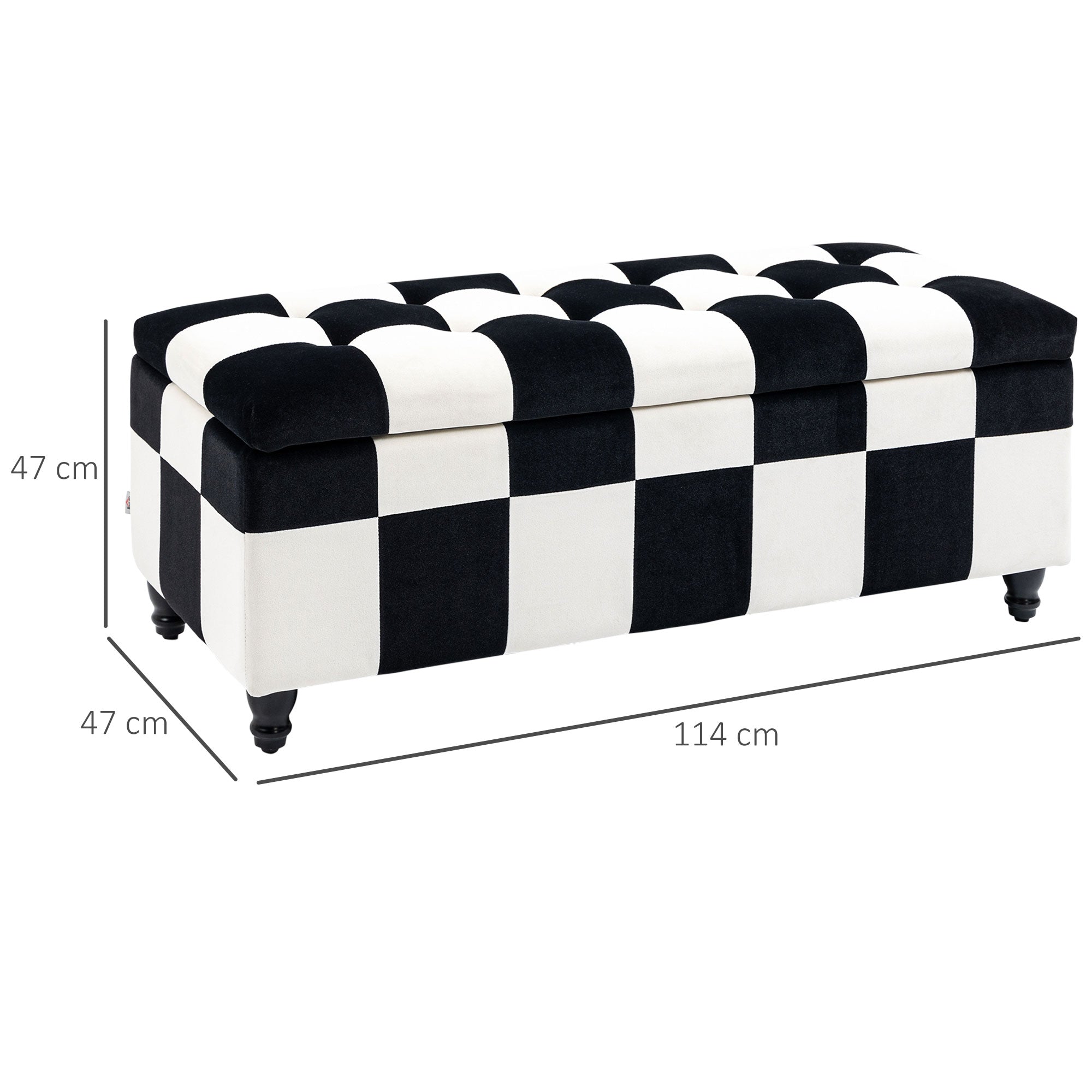 HOMCOM 114 x 47 x 47cm Velvet Storage Ottoman, Button-tufted Footstool Box, Toy Chest with Lid for Living Room, Bedroom, White and Black - North Peak Garden Furniture