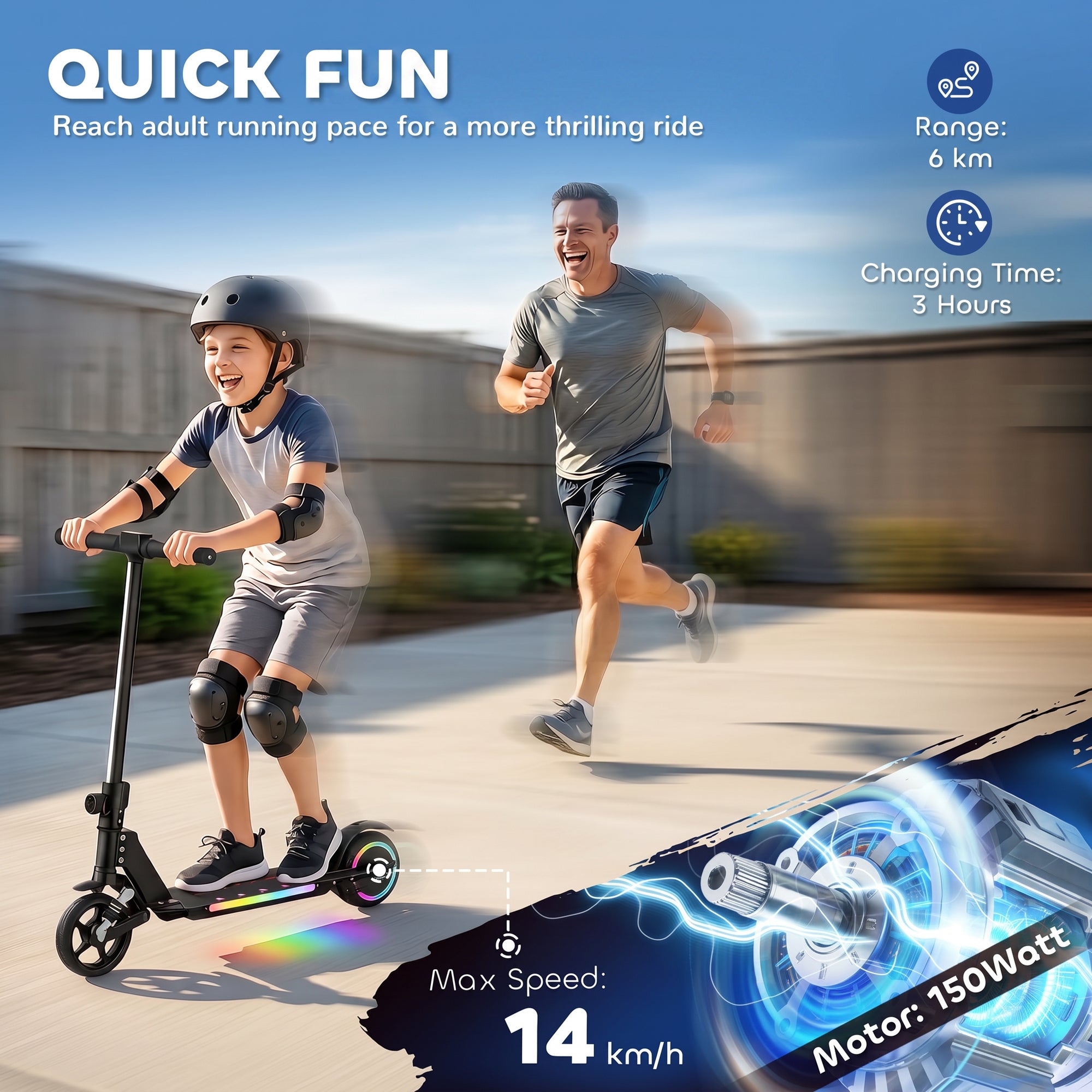 SPORTNOW Folding Electric Scooter for Kids Age 6-14 with Dual Brakes, Front Suspension, LED Colourful Lights and Display, 6.8kg Lightweight Aluminium E Scooter, Up to 14 KM/H & 6 KM, Black