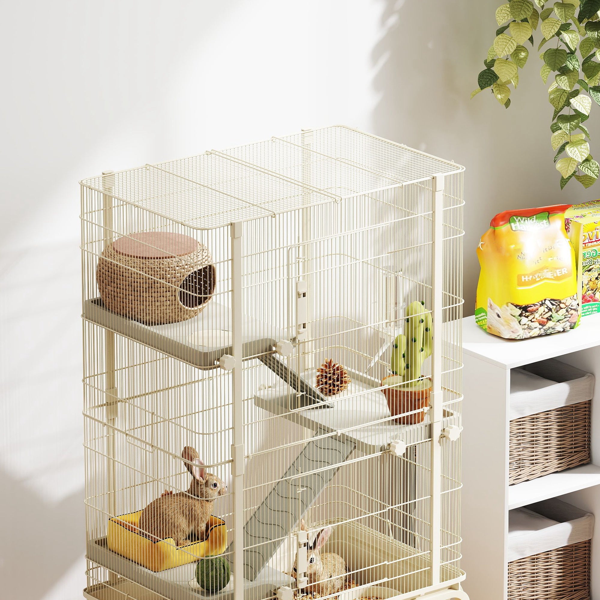 PawHut 4 Levels Rolling Small Animal Cage, Rabbit Cage with 3 Ramps, Water Bottle, Food Dish, 15cm Deep Tray, Beige - North Peak Garden Furniture
