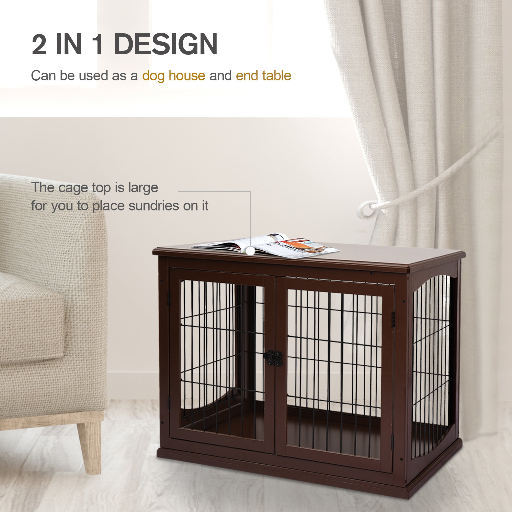 PawHut Dog Crate, Furniture Style Puppy Cage End Table, Pet Kennel House with 3 Doors for Small Dog, Brown 81 x 58.5 x 66 cm