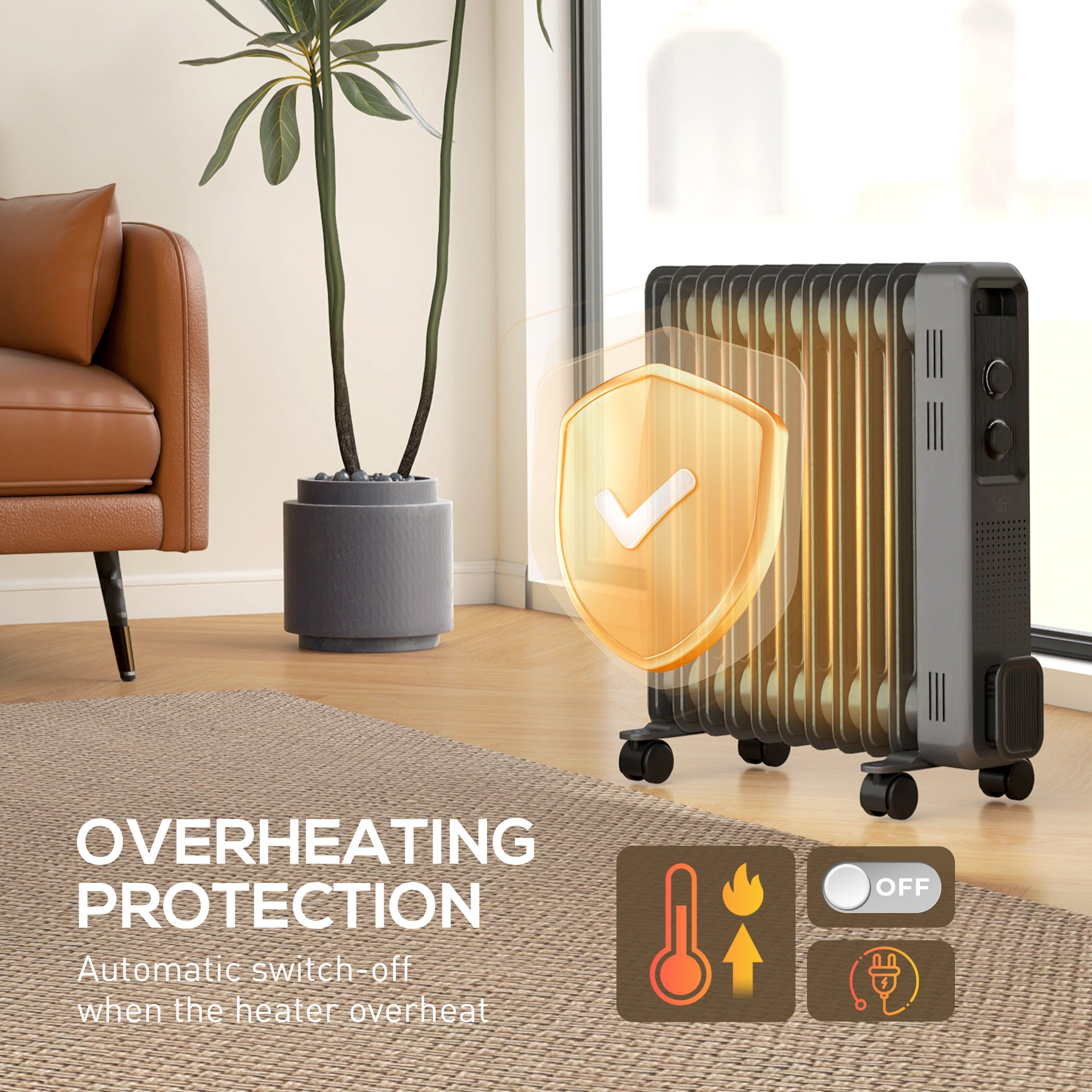HOMCOM 2500W Oil Filled Radiator, 11 Fin, Portable Electric Heater with 3 Heat Settings, Safety Cut-Off and Wheels, Grey - North Peak Garden Furniture