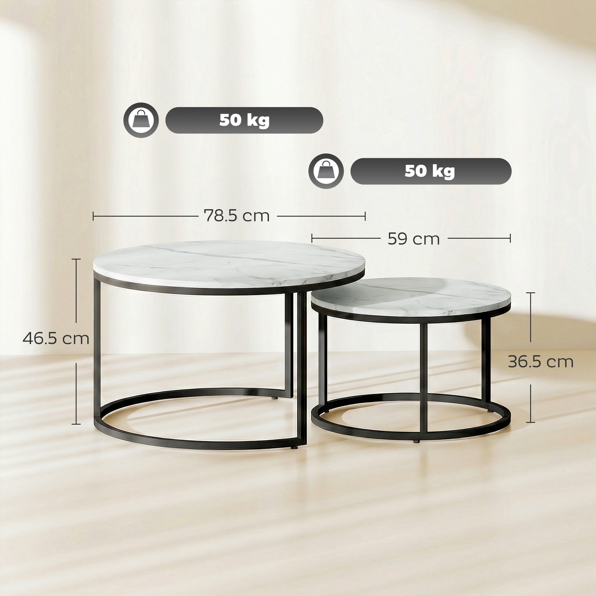 HOMCOM Set of Two Marble-Effect Stacking Tables - White