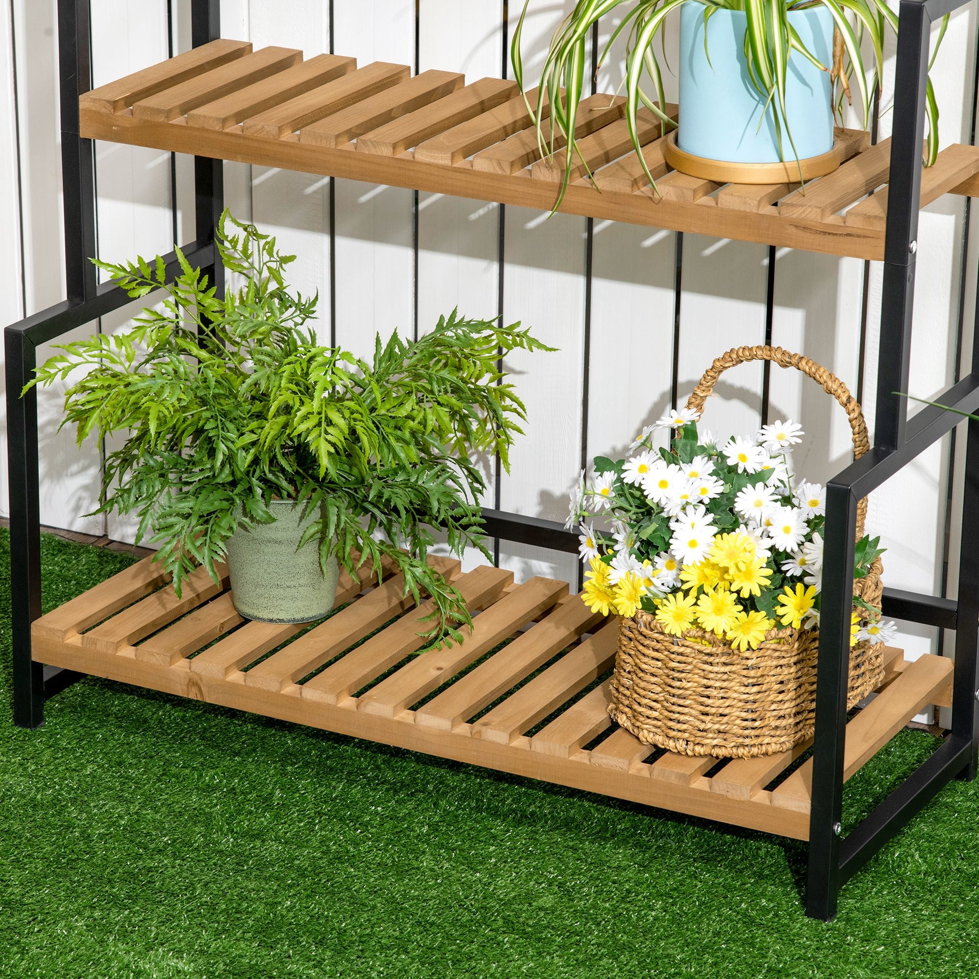 Outsunny 3 Tiered Plant Stand with Hanging Hooks, Flower Rack Shelf for Indoor Outdoor Porch Balcony Living Room Bedroom - North Peak Garden Furniture