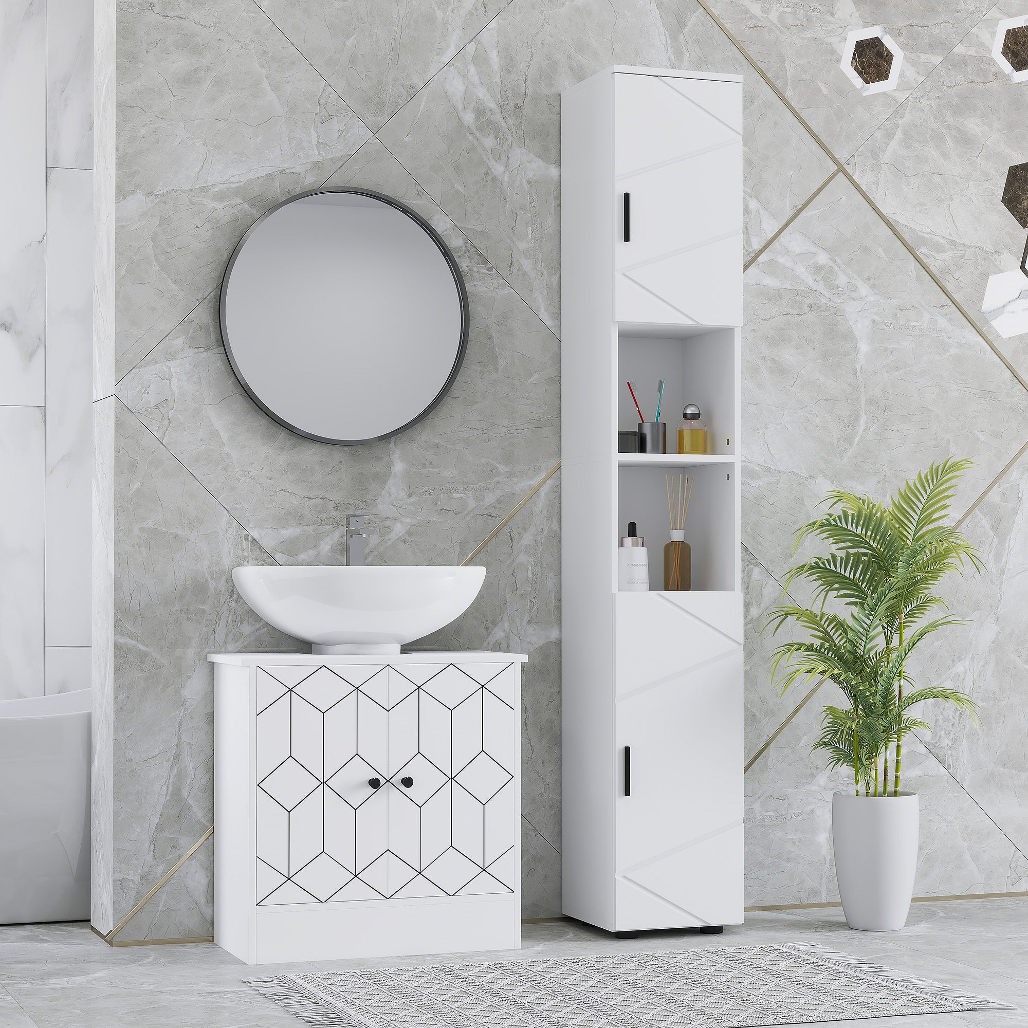 kleankin Line Embossed Tall Bathroom Storage Cabinet - White - North Peak Garden Furniture