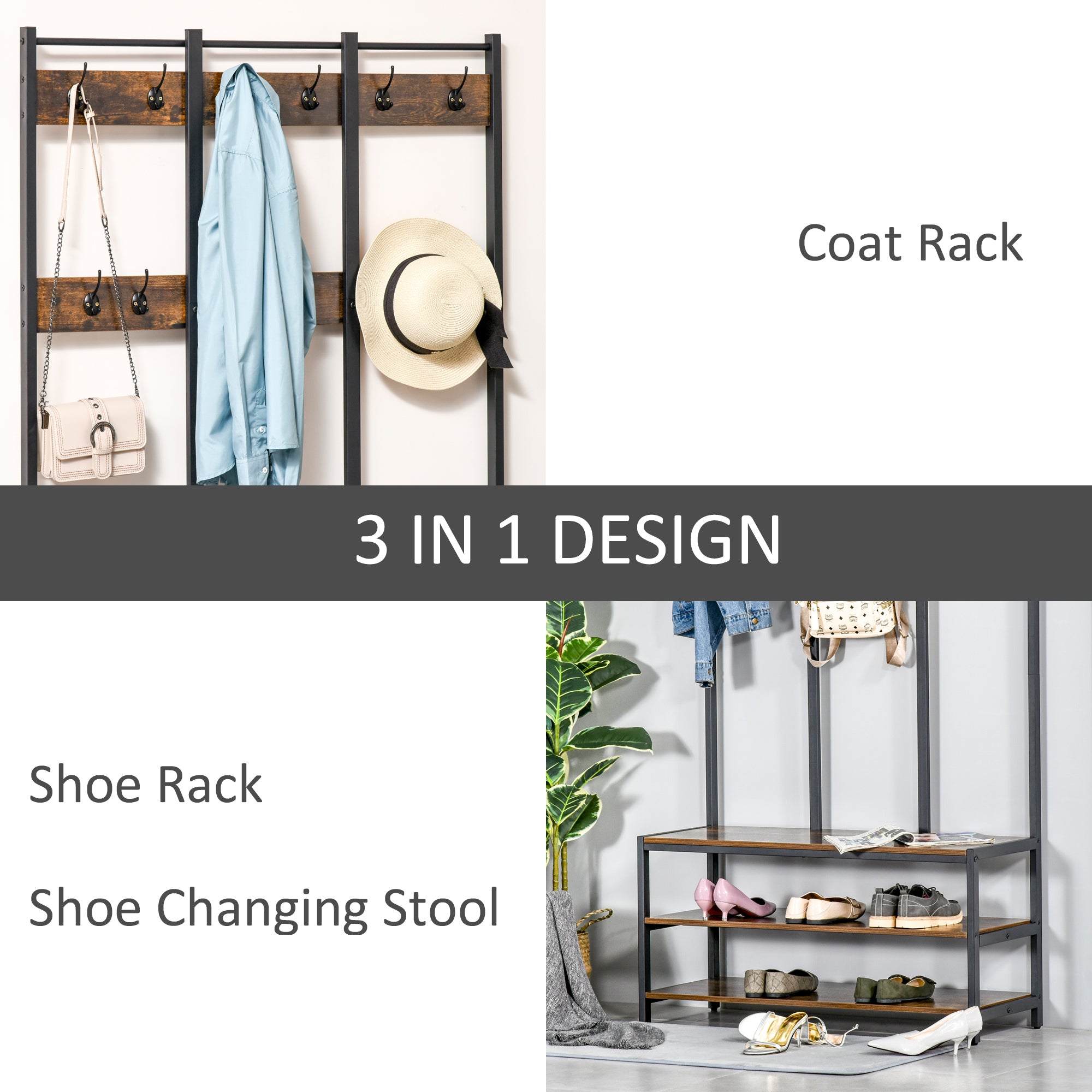 HOMCOM Coat Rack Stand, Free Standing Hall Tree, Coat Stand with Hooks, Bench and Shoe Rack, 100cm x 40cm x 184cm, Industrial Style, Rustic Brown and Black - North Peak Garden Furniture