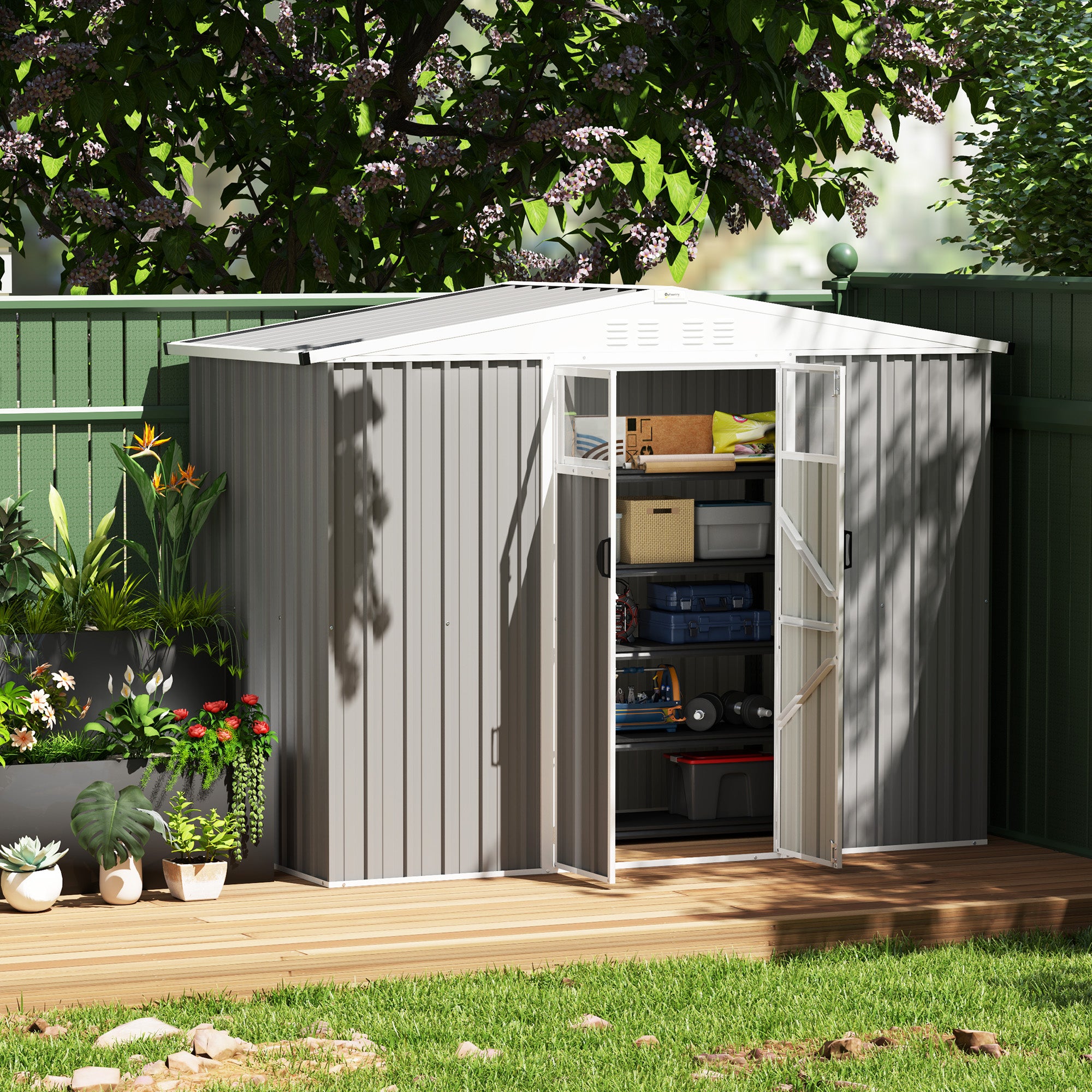 Outsunny 8 x 4 ft Metal Garden Shed, Garden Storage Shed with Window, 4 Vents and Lockable Door, Waterproof Galvanised Steel Tool Storage Shed, Light Grey - North Peak Garden Furniture