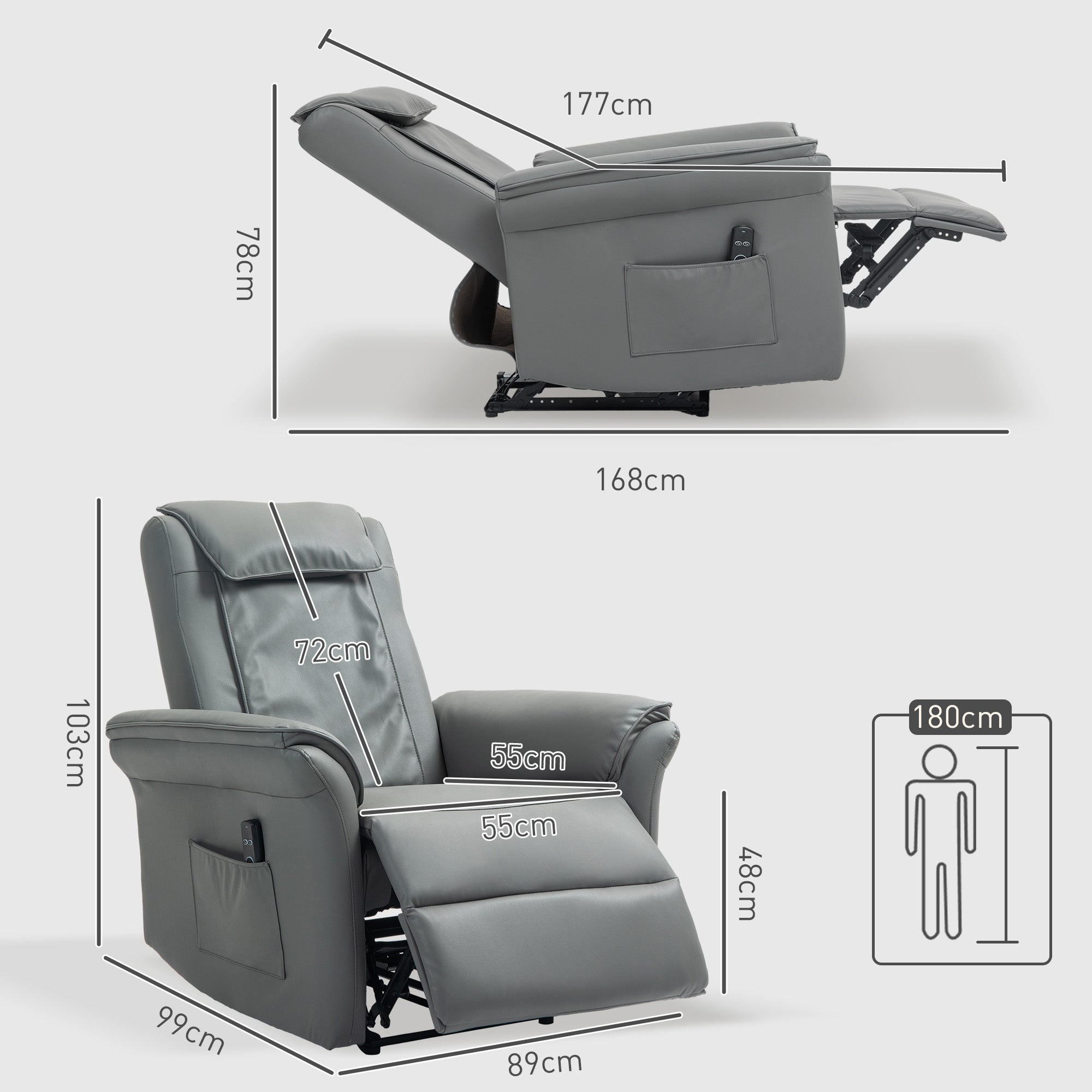 HOMCOM 3D Kneading Massage Recliner Chair with Headrest, Breathable Leather Recliner Armchair, Electric Reclining Chair with Footrest, Remote with USB Port, Side Pockets for Home, Grey - North Peak Garden Furniture