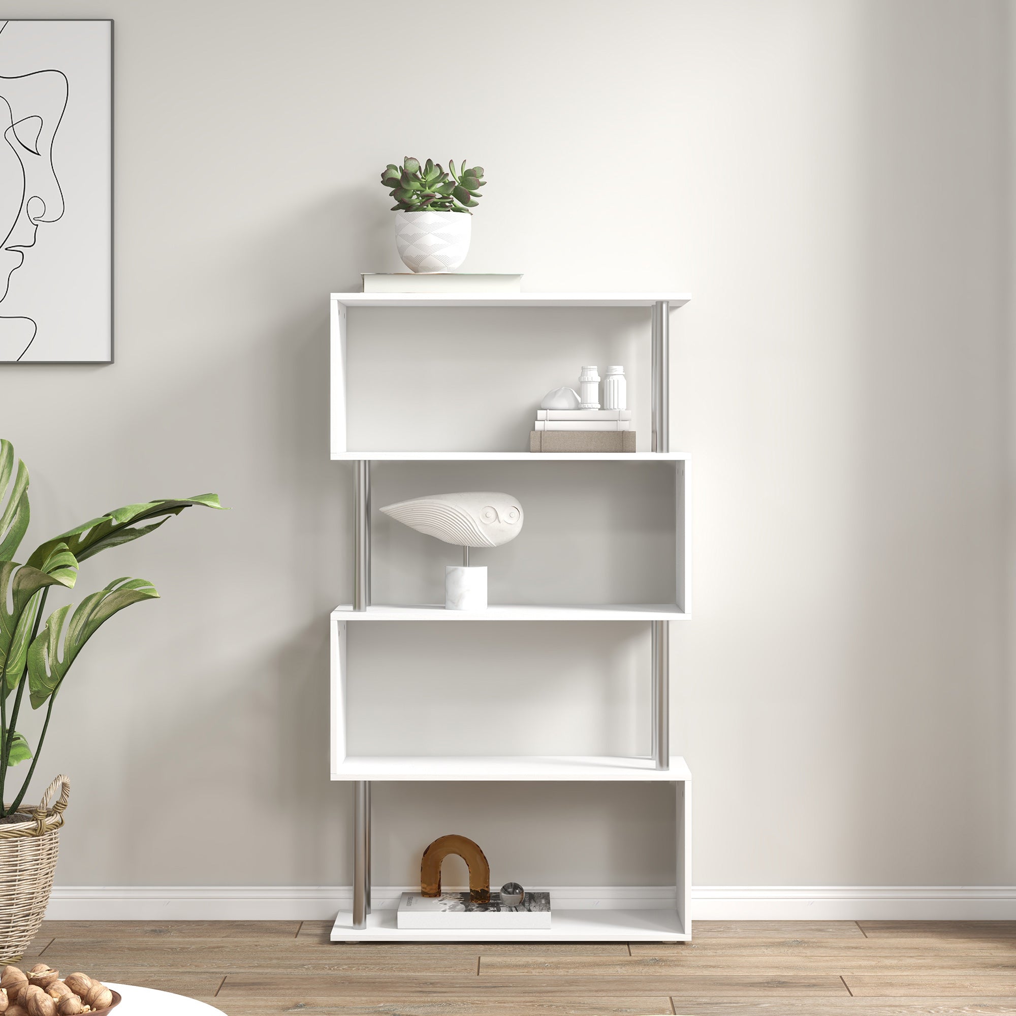 HOMCOM S Shape Bookcase, 5 Tiers Bookshelf, Modern Freestanding Storage Shelf for Home Office, Study, Living Room, 80 x 30 x 145cm, White