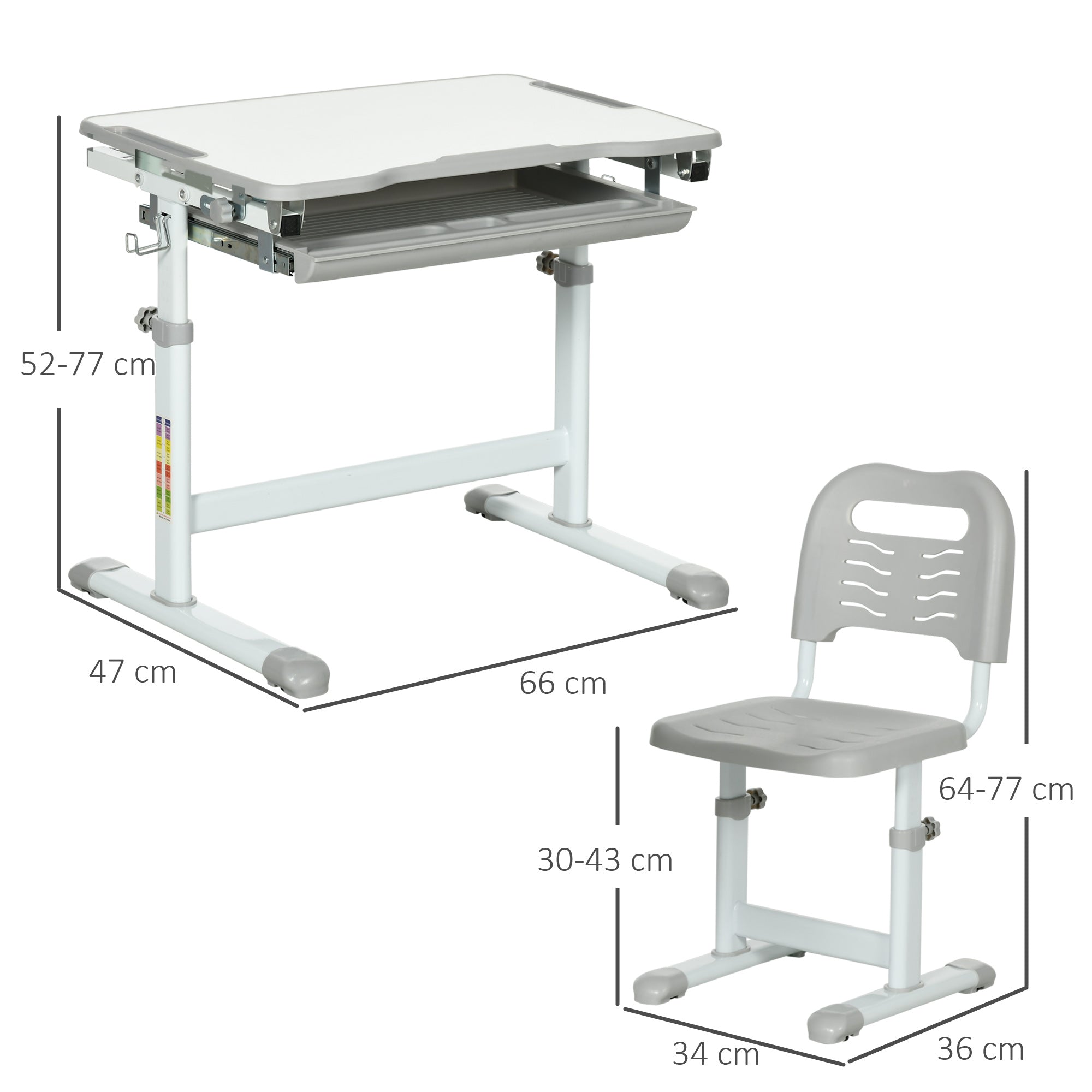 HOMCOM Kids Desk and Chair Set, Student Adjustable Writing Desk, with Drawer, Pen Slot, Hook - Grey - North Peak Garden Furniture