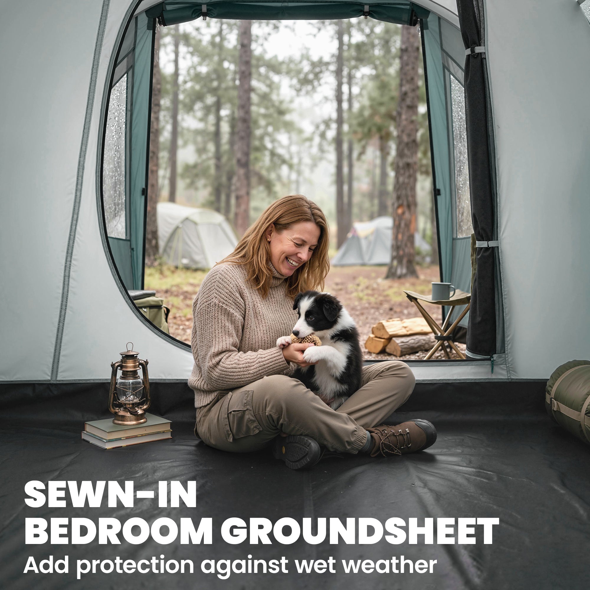 Outsunny Three-Man, 3000mm Water-Resistant Two-Room Tunnel Tent - Green