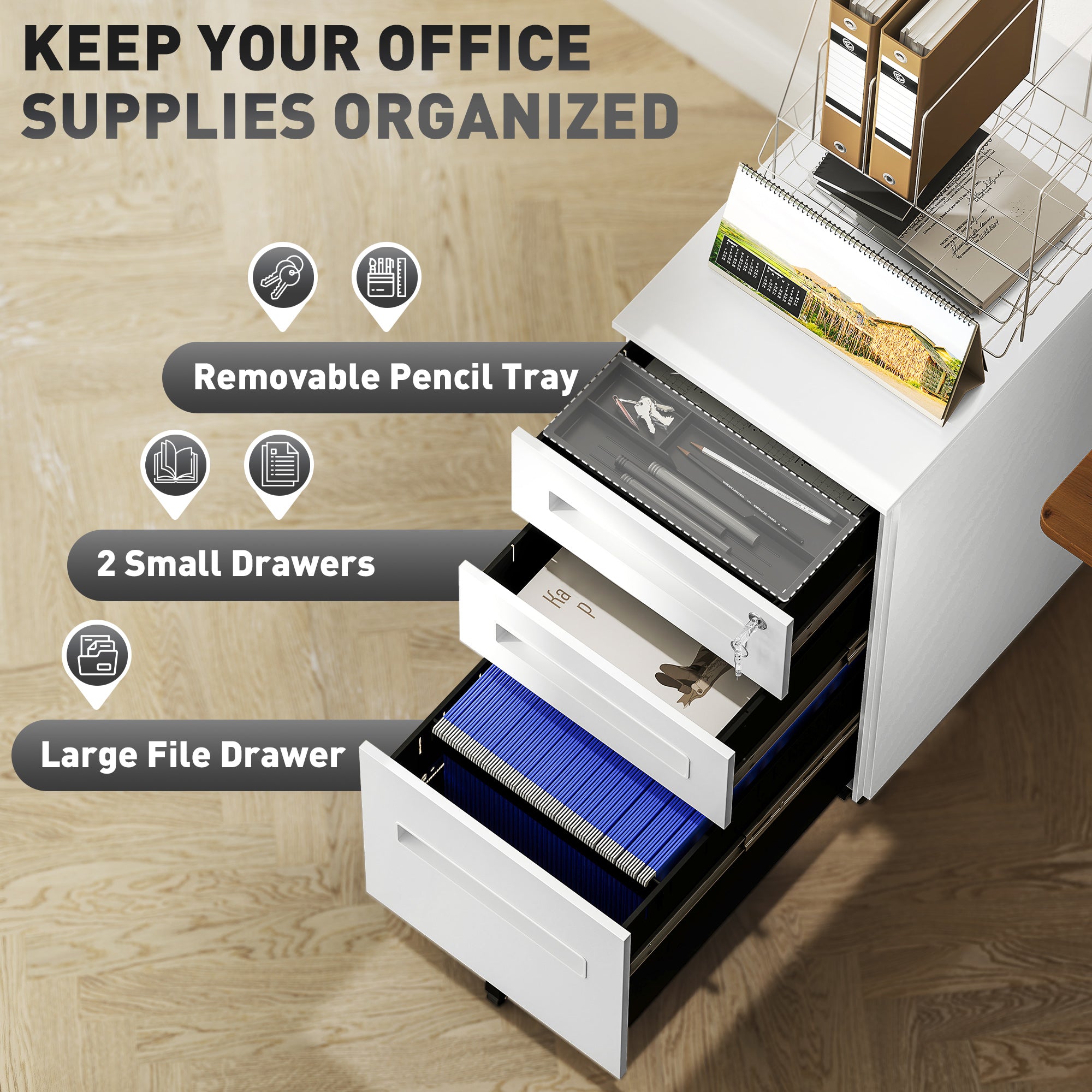 Vinsetto Metal Mobile File Cabinet with Wheels, Lockable 3 Drawer Filing Cabinet for A4, Legal, Letter, Compact Under Desk Storage Unit with Pre-Assembled Body for Home Office, 30 x 43.5 x 60cm, White - North Peak Garden Furniture
