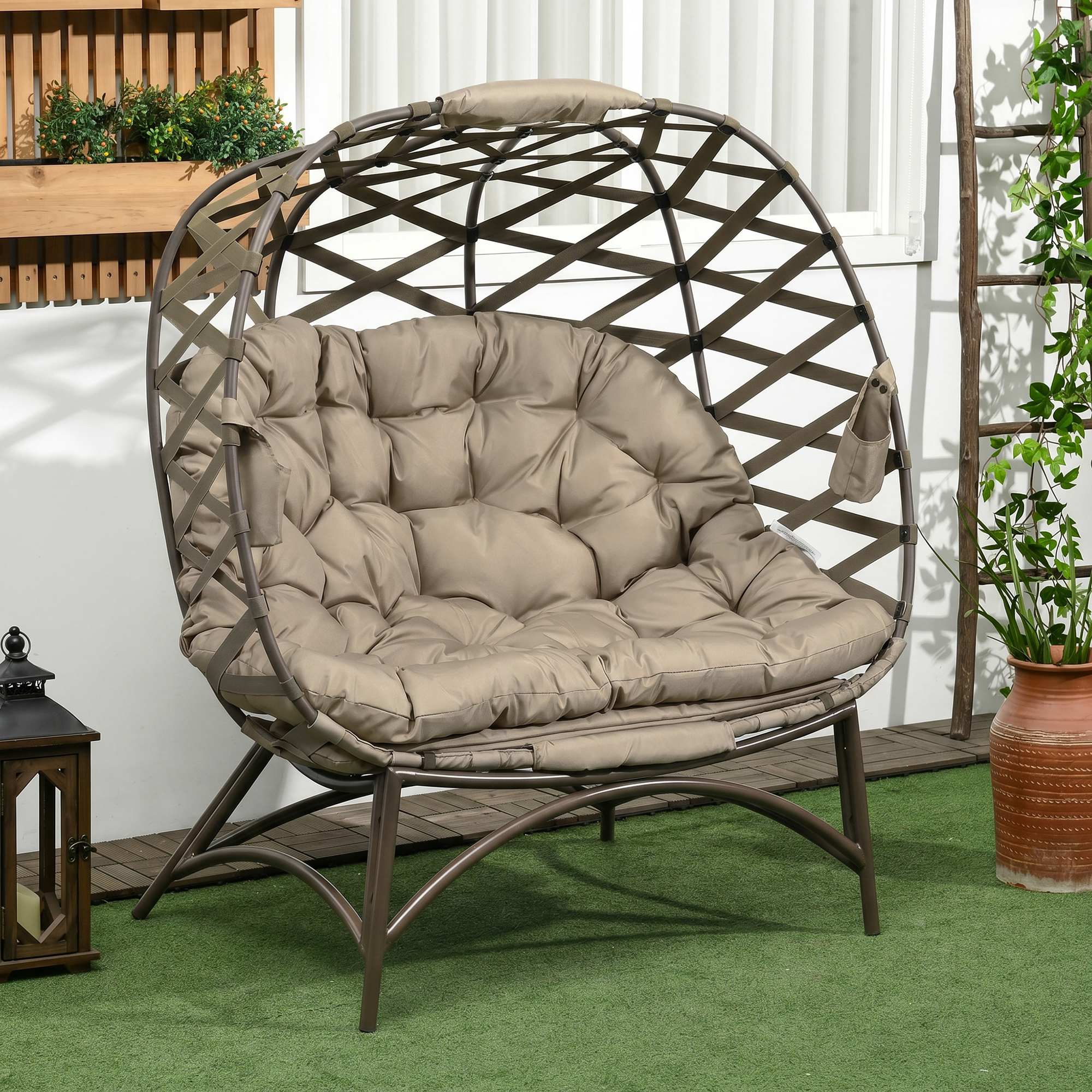 Outsunny 2 Seater Egg Chair Outdoor, Folding Weave Garden Furniture Chair with Cushion, Cup Pockets - Khaki