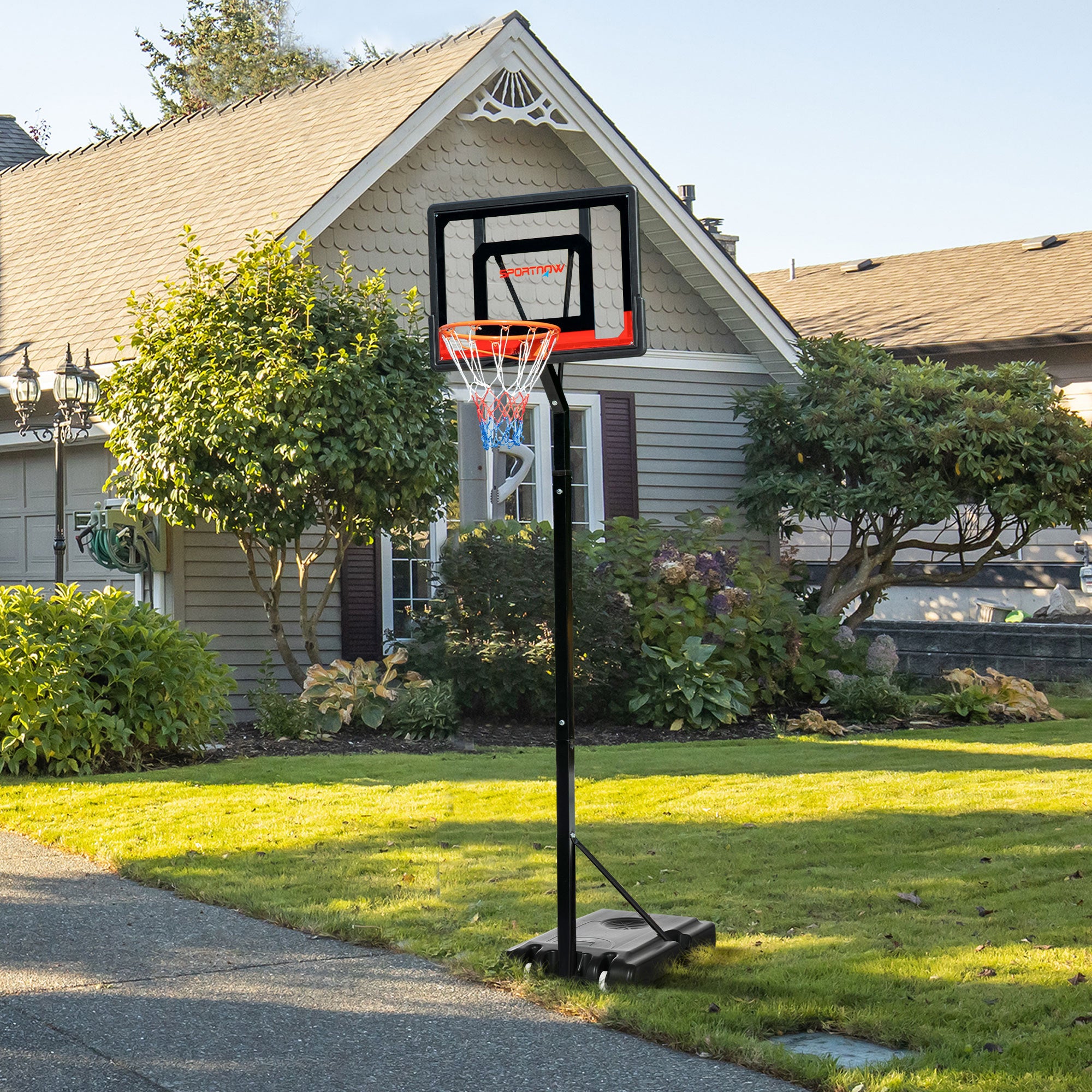 SPORTNOW 2.1-2.6m Adjustable Basketball Hoop and Basketball Stand w/ Backboard and Weighted Base, Portable on Wheels, Black - North Peak Garden Furniture