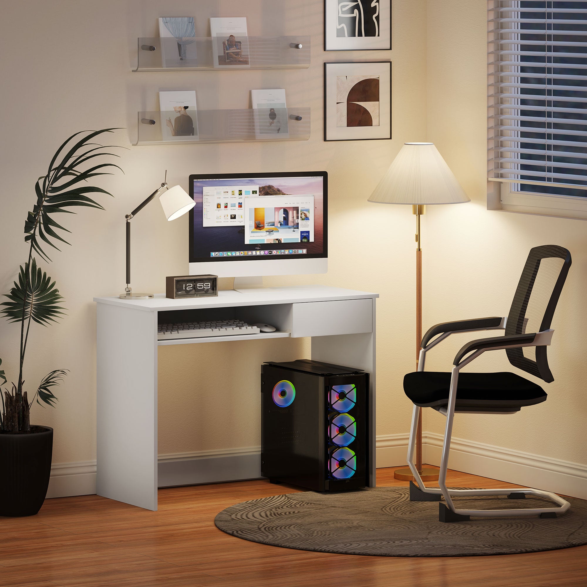 HOMCOM 100cm Compact Computer Desk with Keyboard Tray, Home Office Desk with Drawer for Bedroom Study, White - North Peak Garden Furniture