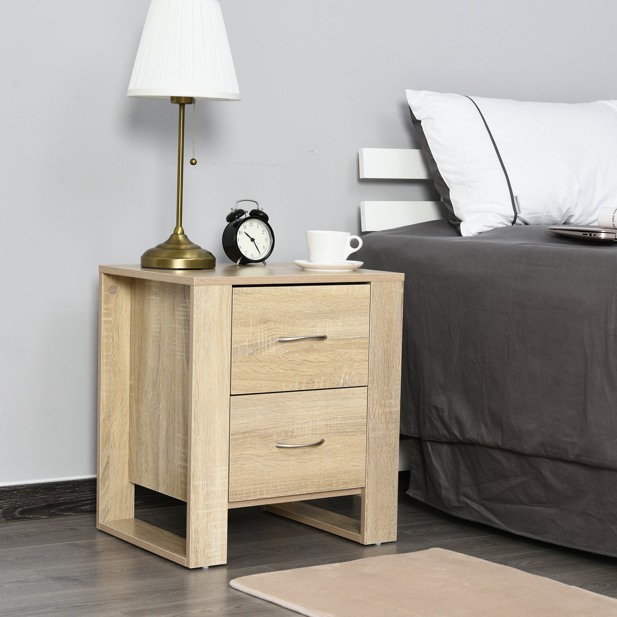 HOMCOM Bedside Cabinet with 2 Drawers: Modern Boxy Design, Elevated Base, Melamine Finish, Bedroom Storage, Oak Brown.