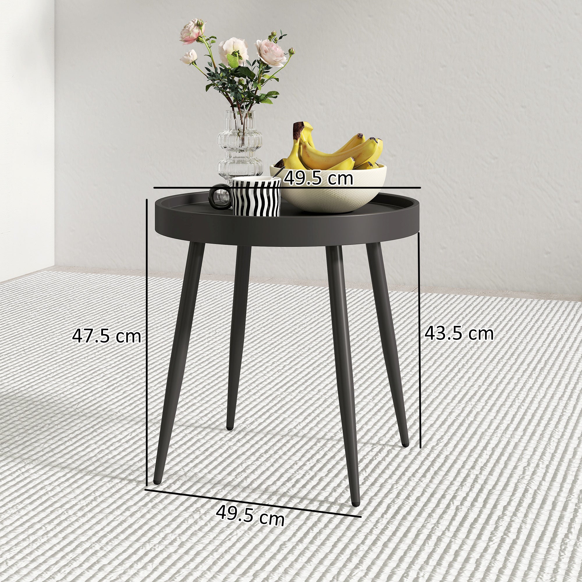 Outsunny 49.5 cm Round Garden Table, Small Outdoor Coffee Side Table with Plastic Tray-Style Top, Metal Legs, Black