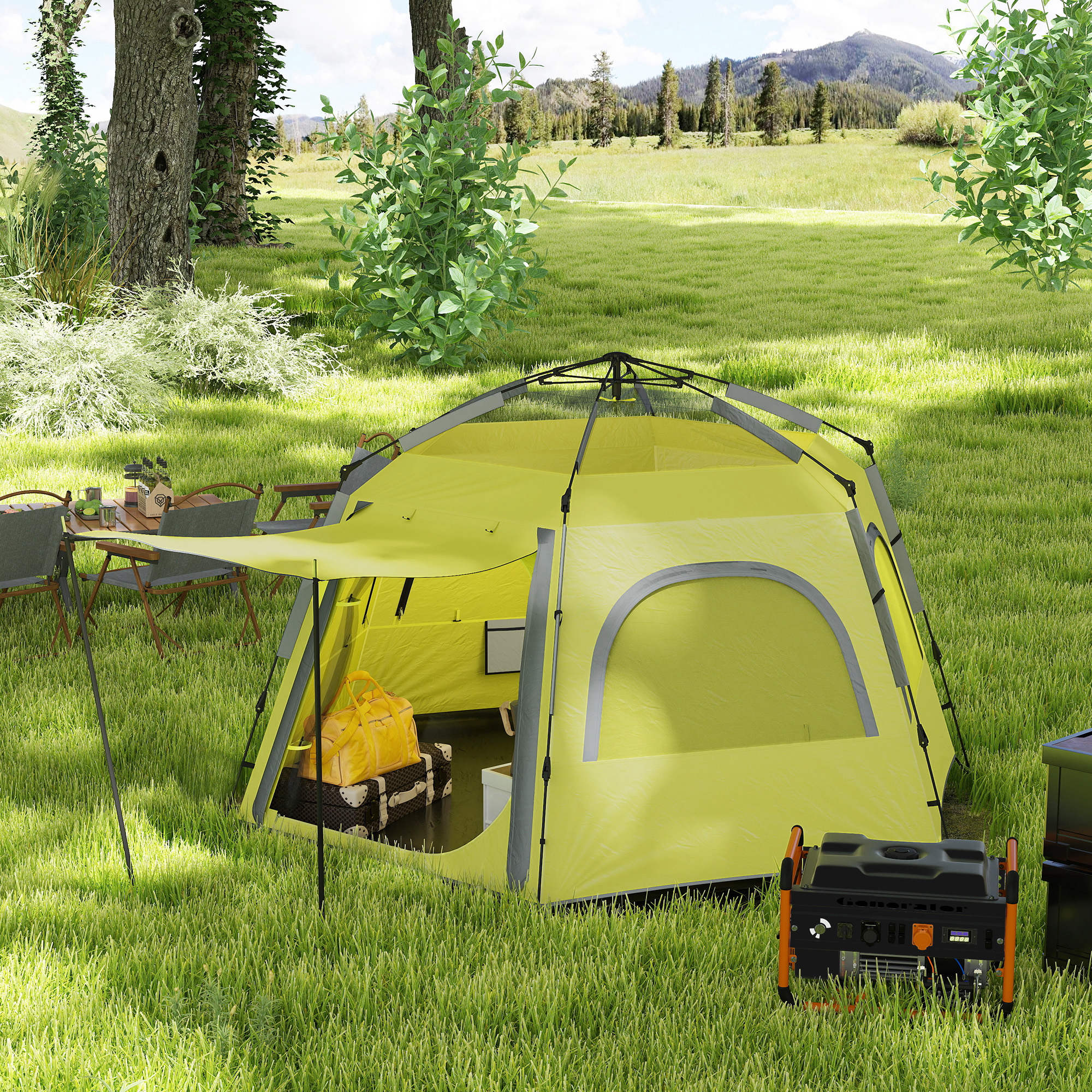 Outsunny Instant Camping Tent, 2/3/4 Person Easy Setup Family Tent with Vestibule, Rainfly, 4 Mesh Windows & 2 Doors, Hexagonal Design, Waterproof UV Protected Dome Tent, Yellow Green - North Peak Garden Furniture