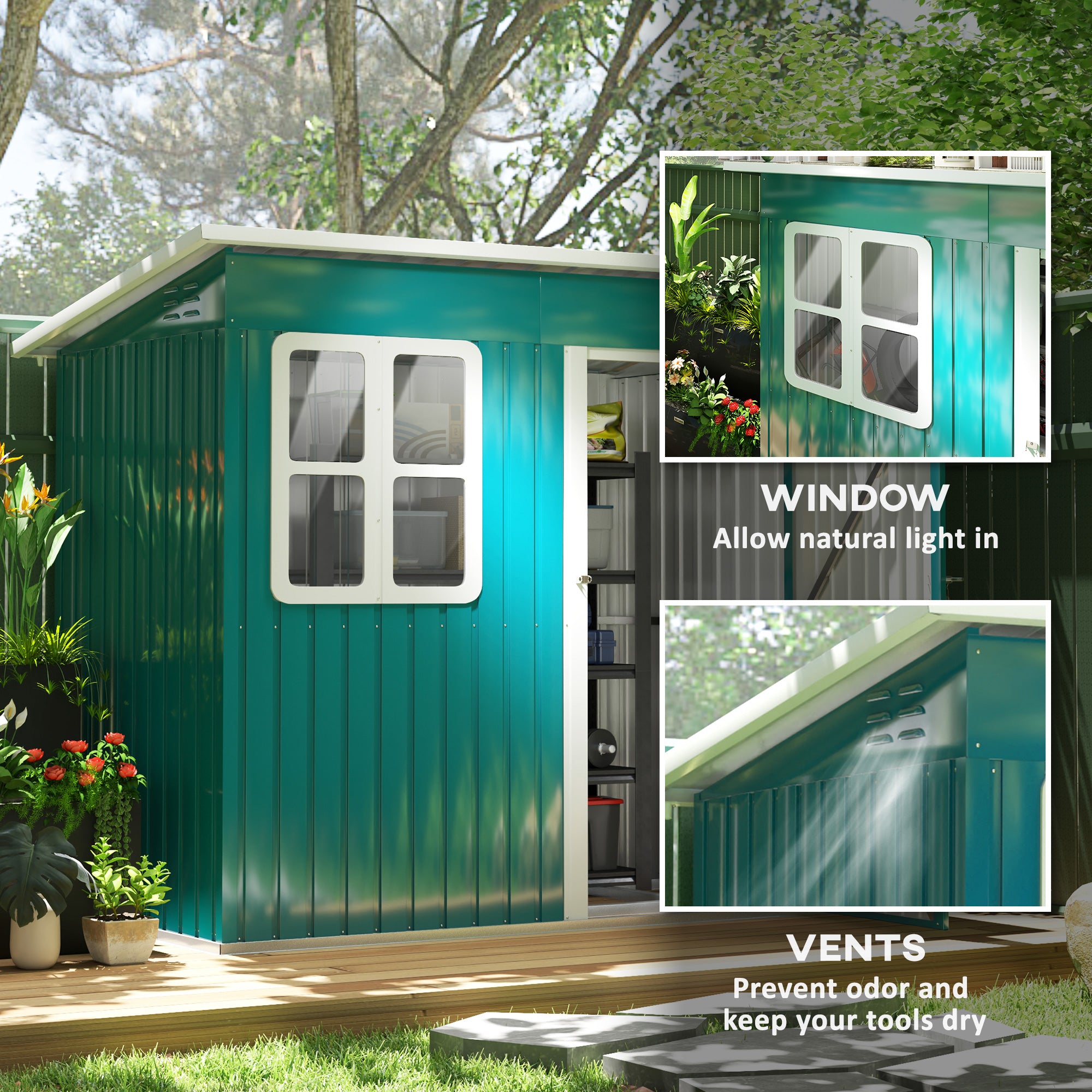 Outsunny 7 x 4ft Galvanised Steel Garden Shed, with Lock and Gloves - Green - North Peak Garden Furniture