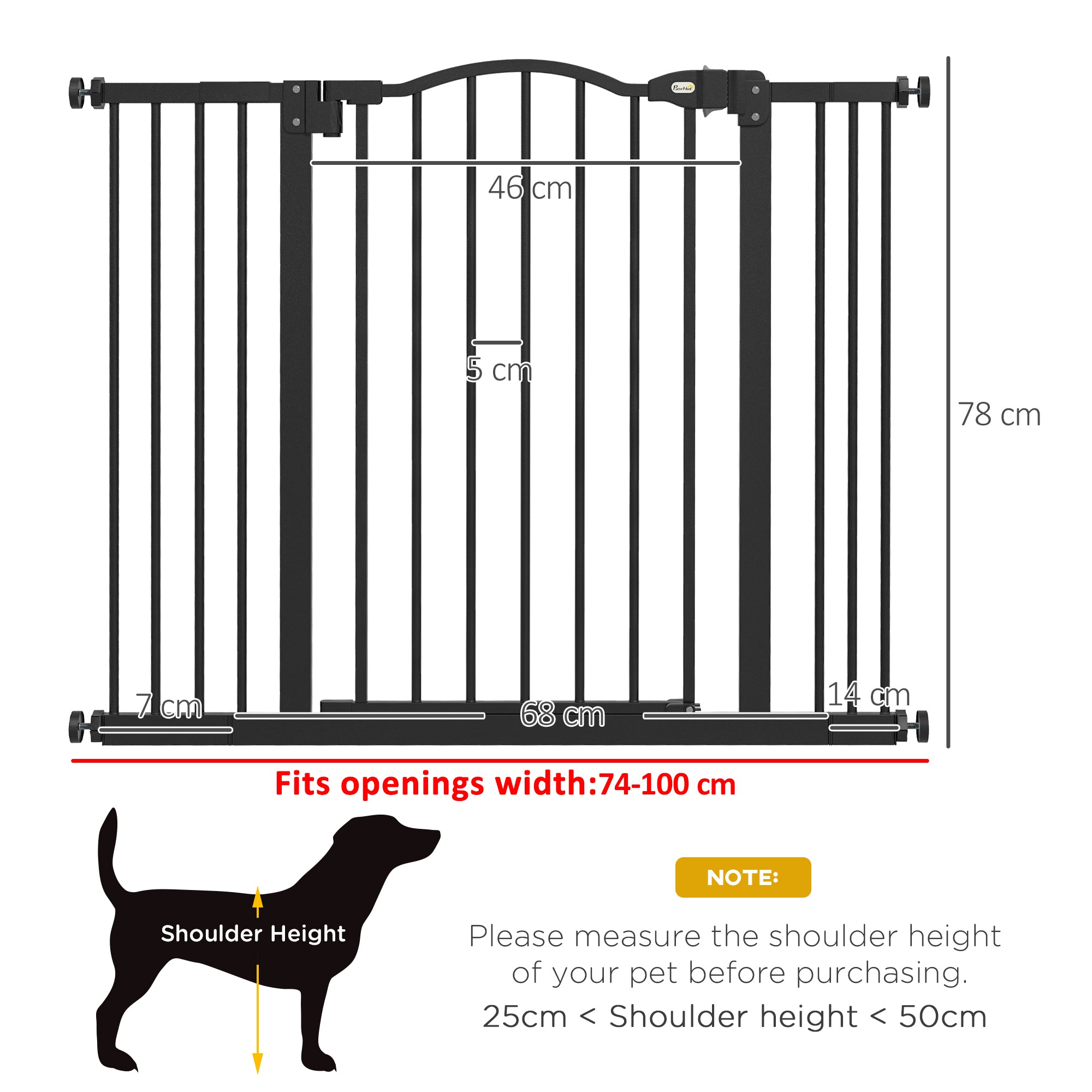 PawHut Metal 74-100cm Adjustable Pet Gate Safety Barrier w/ Auto-Close Door Black - North Peak Garden Furniture