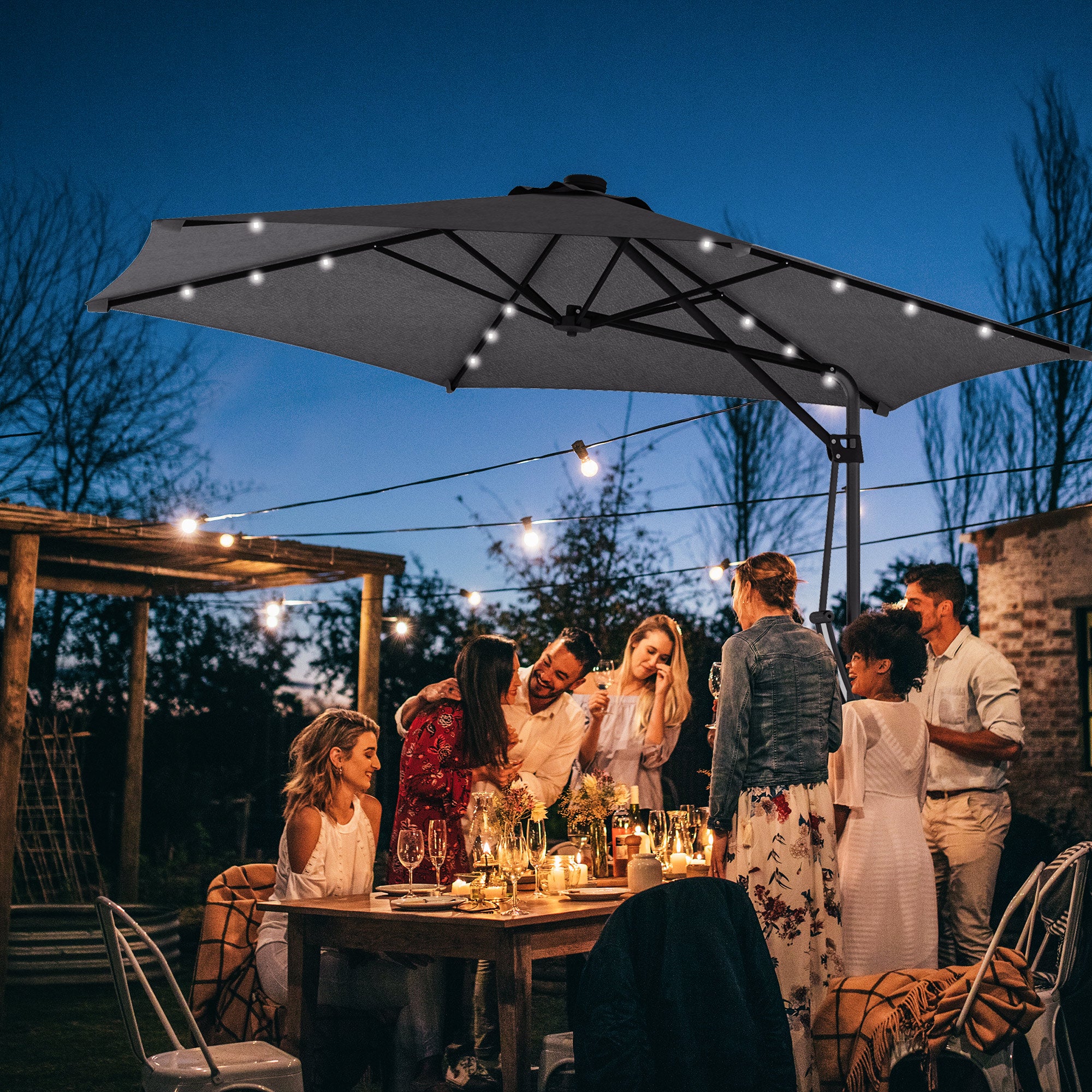 Outsunny 3m LED Parasol Umbrella, with Base and Cover - Grey - North Peak Garden Furniture