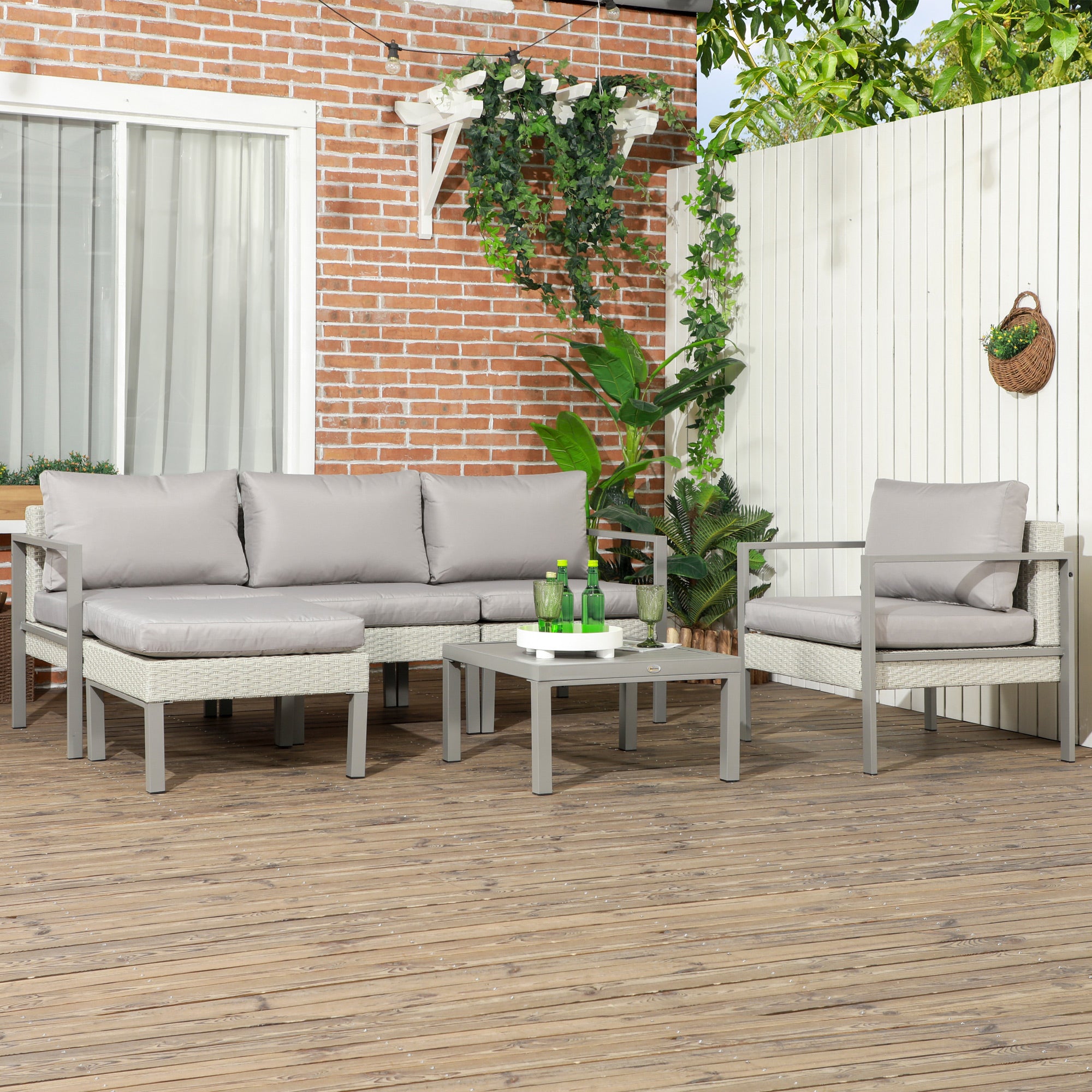 Outsunny Six-Piece Rattan Garden Sofa Set - Light Grey - North Peak Garden Furniture
