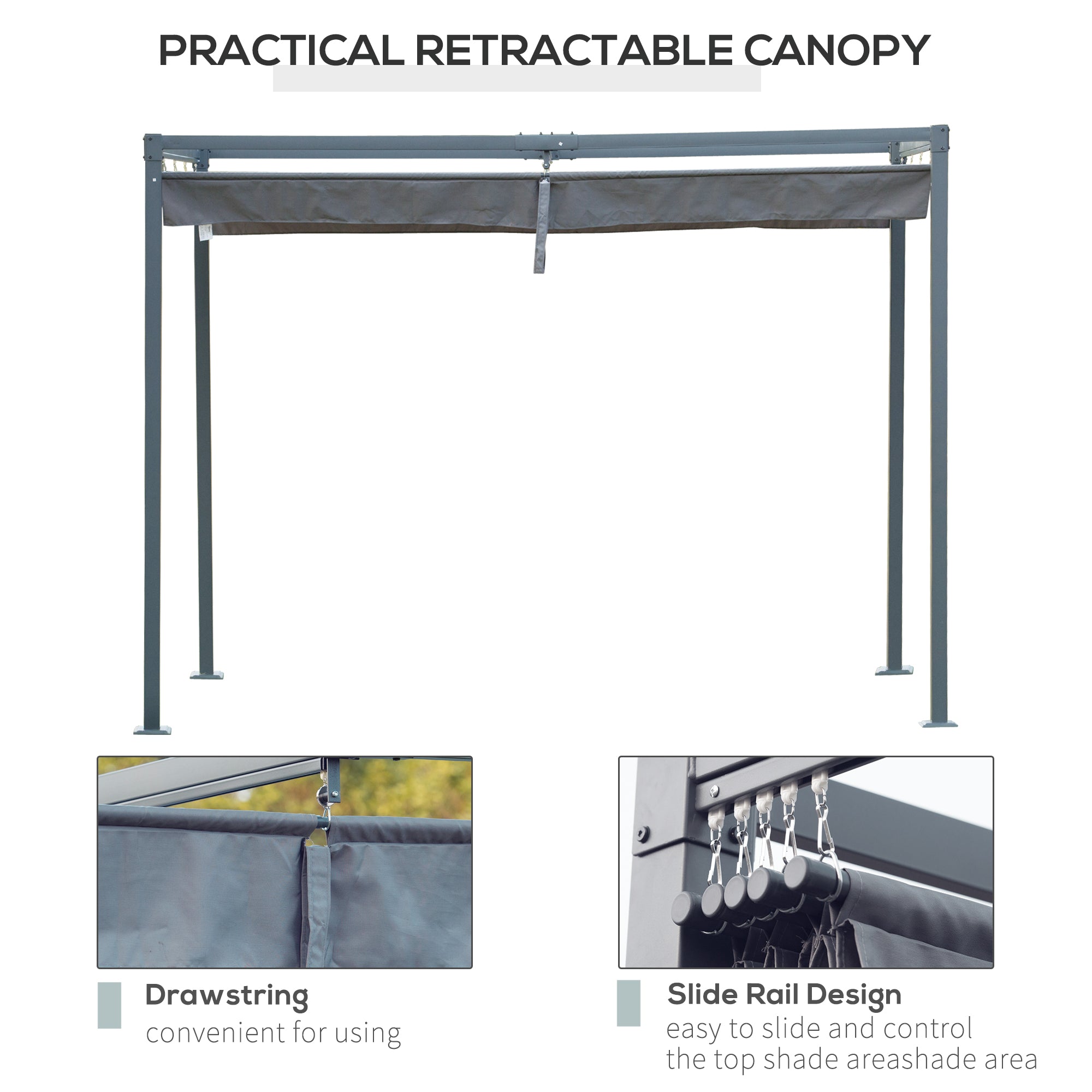 Outsunny 4 x 3(m) Metal Outdoor Pergola with Retractable Roof, Outdoor Gazebo Canopy Shelter with Drainage Holes for Garden, Patio, Lawn, Grey - North Peak Garden Furniture