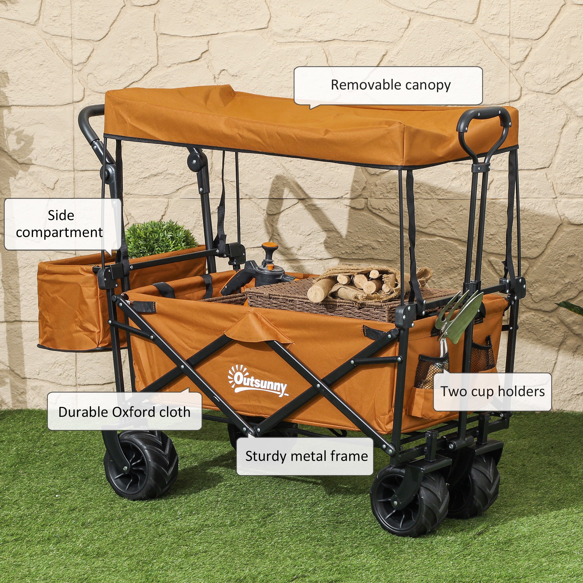 Outsunny Folding Trolley Cart Storage Wagon Beach Trailer 4 Wheels with Handle Overhead Canopy Cart Push Pull For Shopping Camping, Orange - North Peak Garden Furniture