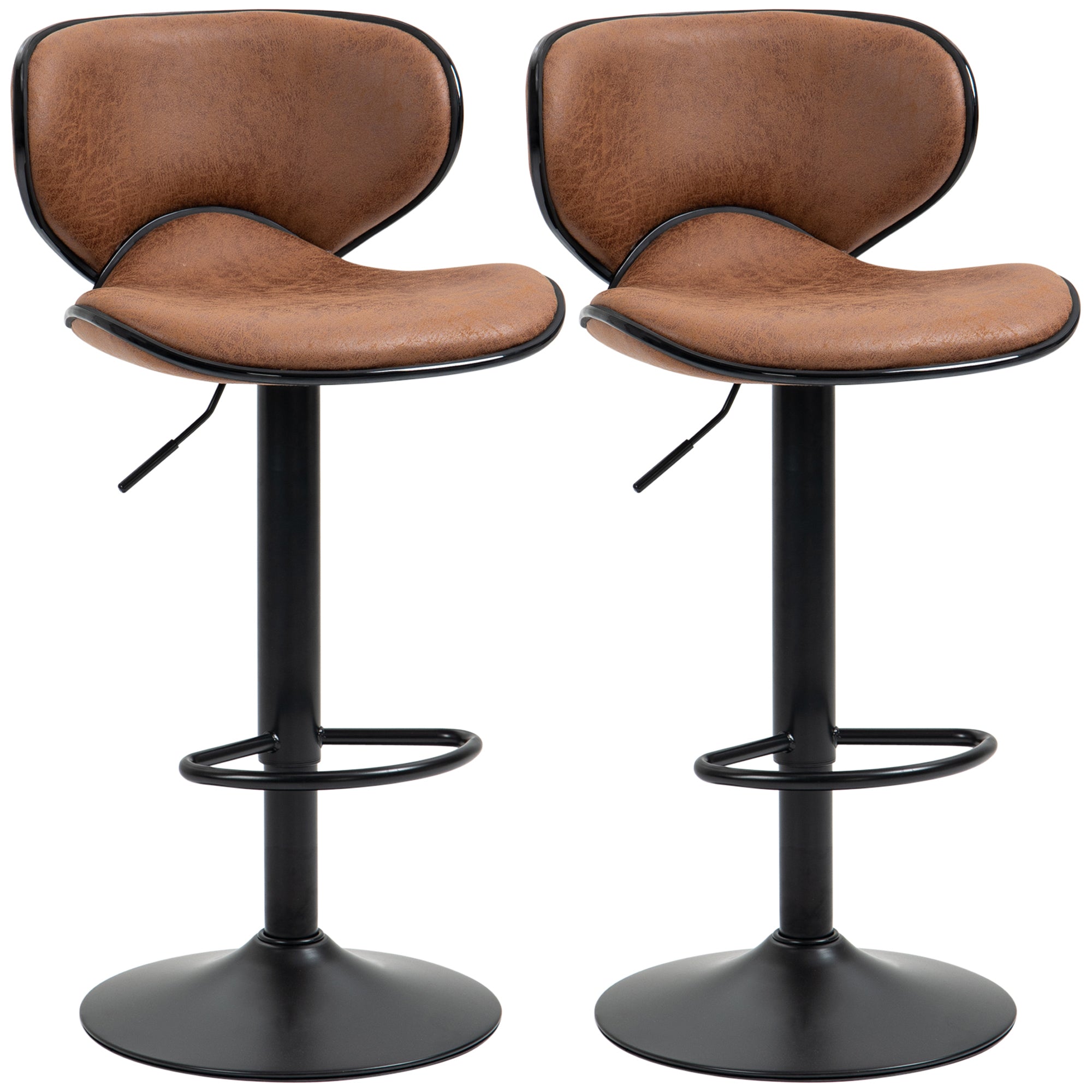 HOMCOM Bar Stool Set of 2 Microfiber Cloth Adjustable Height Armless Chairs with Swivel Seat, Brown - North Peak Garden Furniture