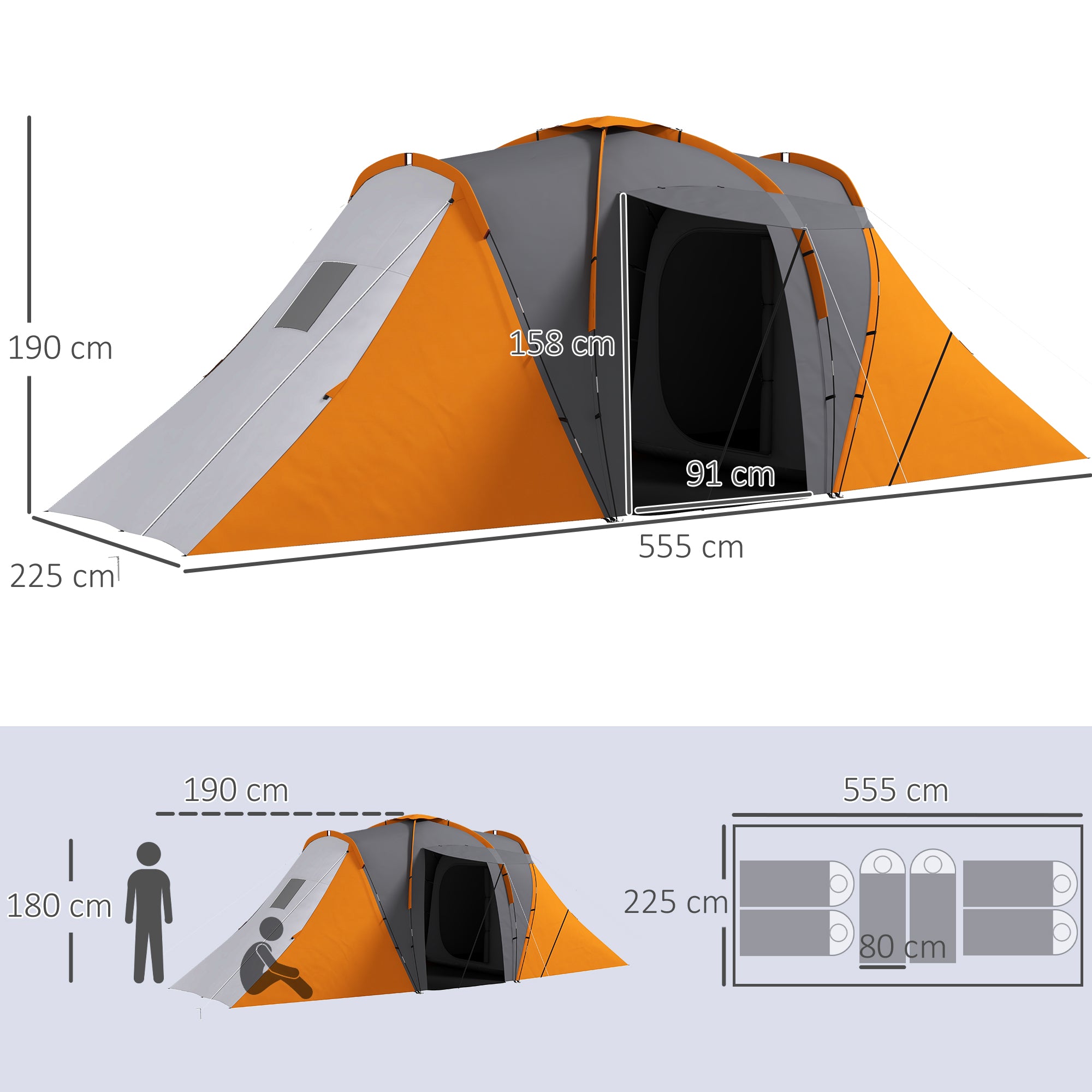 Outsunny Large Camping Tent Tunnel Tent with 2 Bedroom and Living Area, 2000mm Waterproof, Portable with Bag for 4-6 Man, Orange - North Peak Garden Furniture