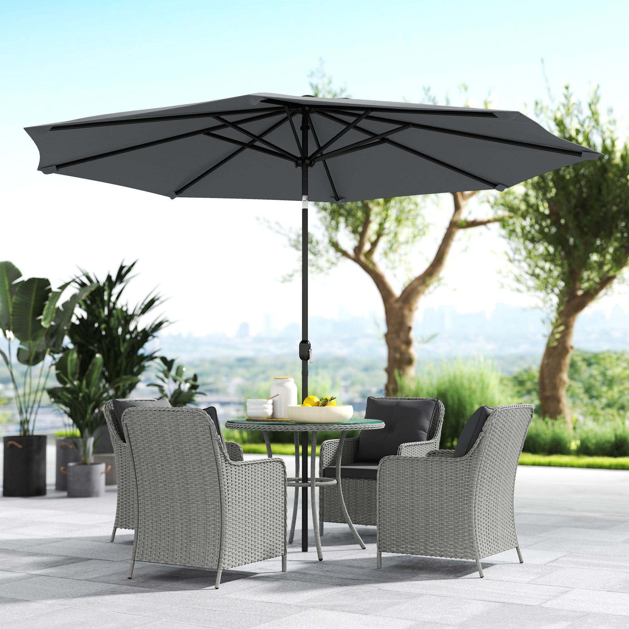 Outsunny 4 Seater Rattan Dining Set with Parasol & Cushions - Light Grey - North Peak Garden Furniture