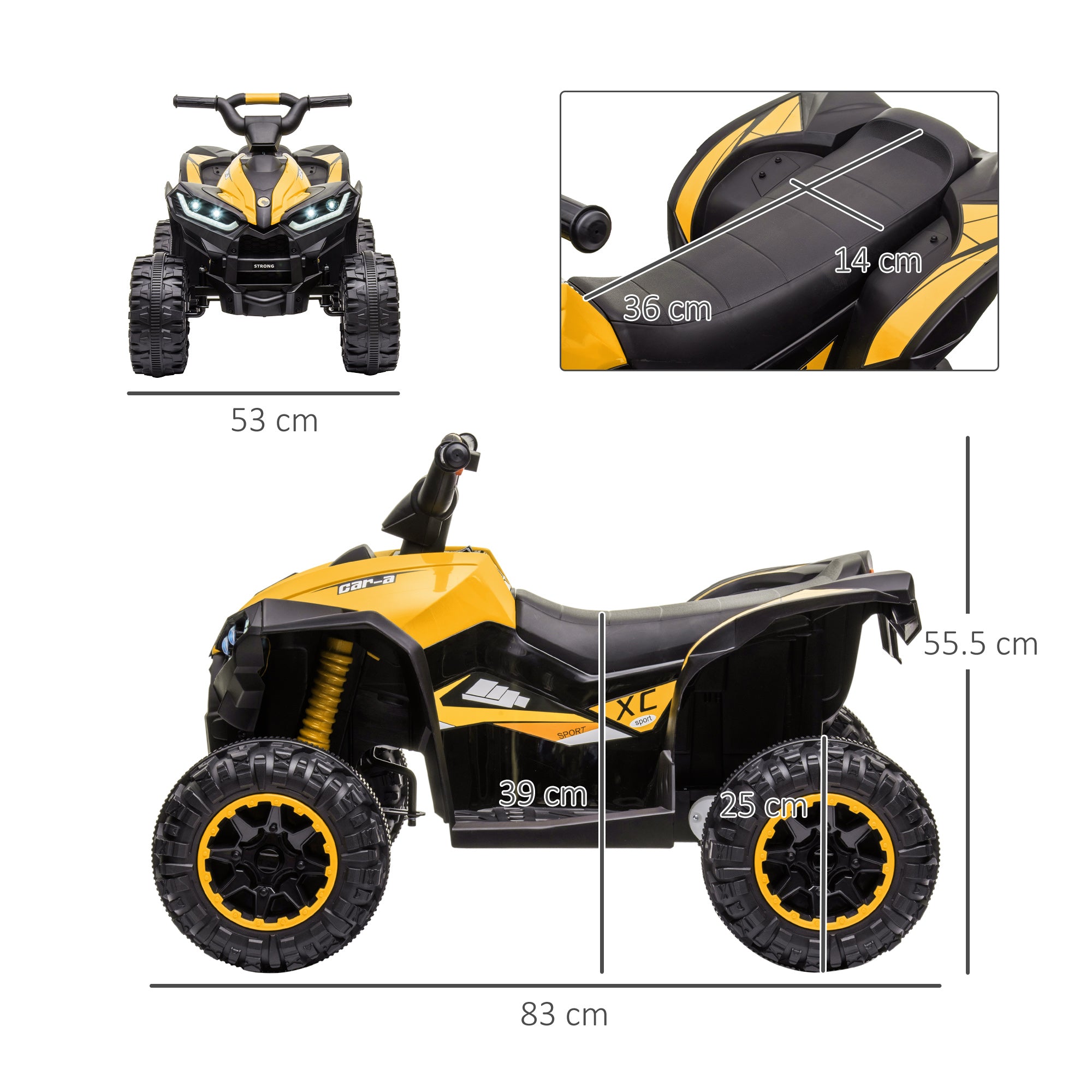 HOMCOM 12V Ride-On Quad Bike w/ Music, Horn, for Ages 3+ Years - Yellow - North Peak Garden Furniture