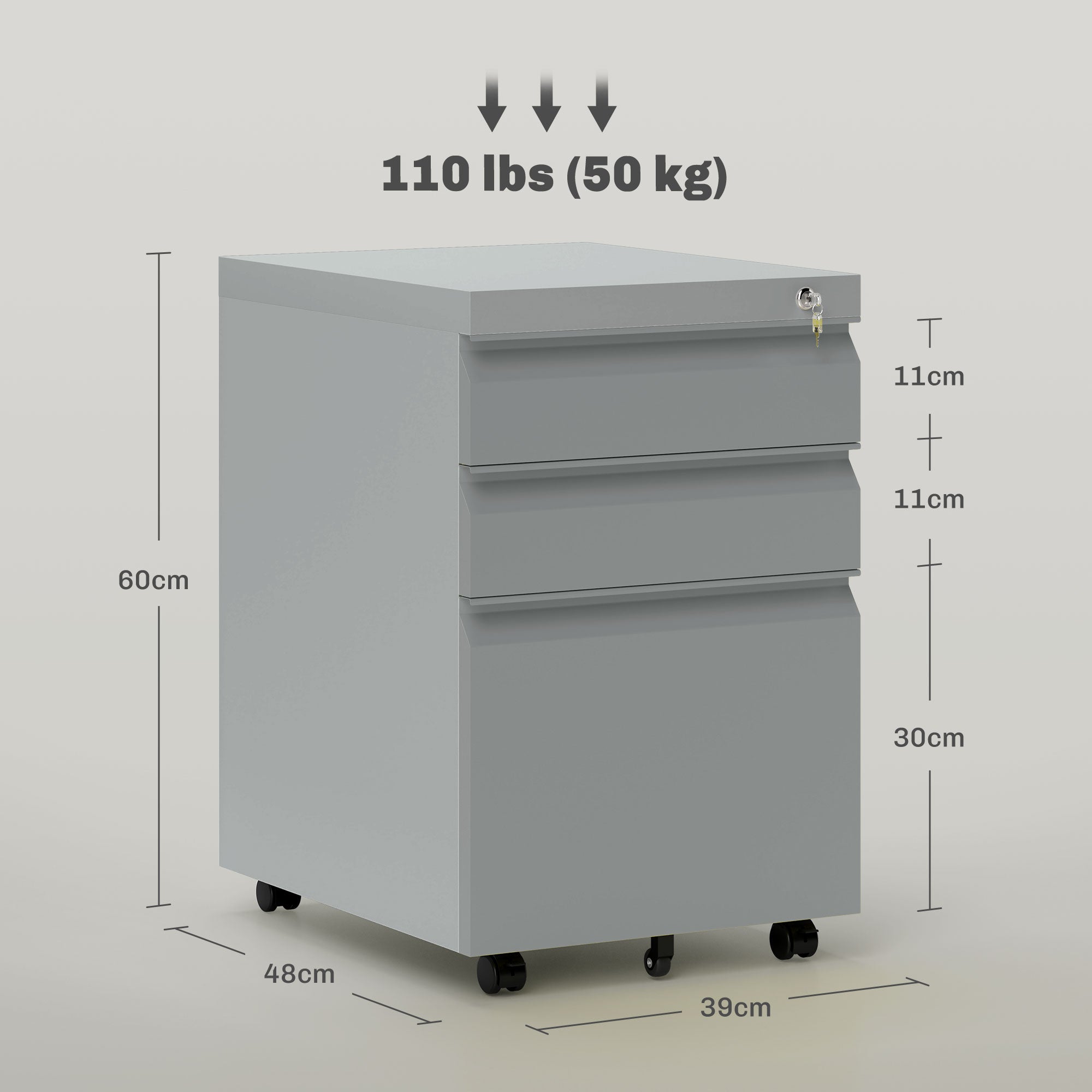 Vinsetto 3 Drawer Filling Cabinet, Mobile Metal File Cabinet with Anti-tilt Design for Letter, A4, Legal Size, Grey - North Peak Garden Furniture